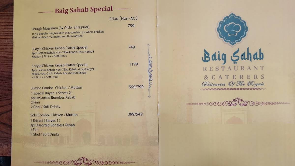 BAIG SAHAB RESTAURANT & CATERERS menu