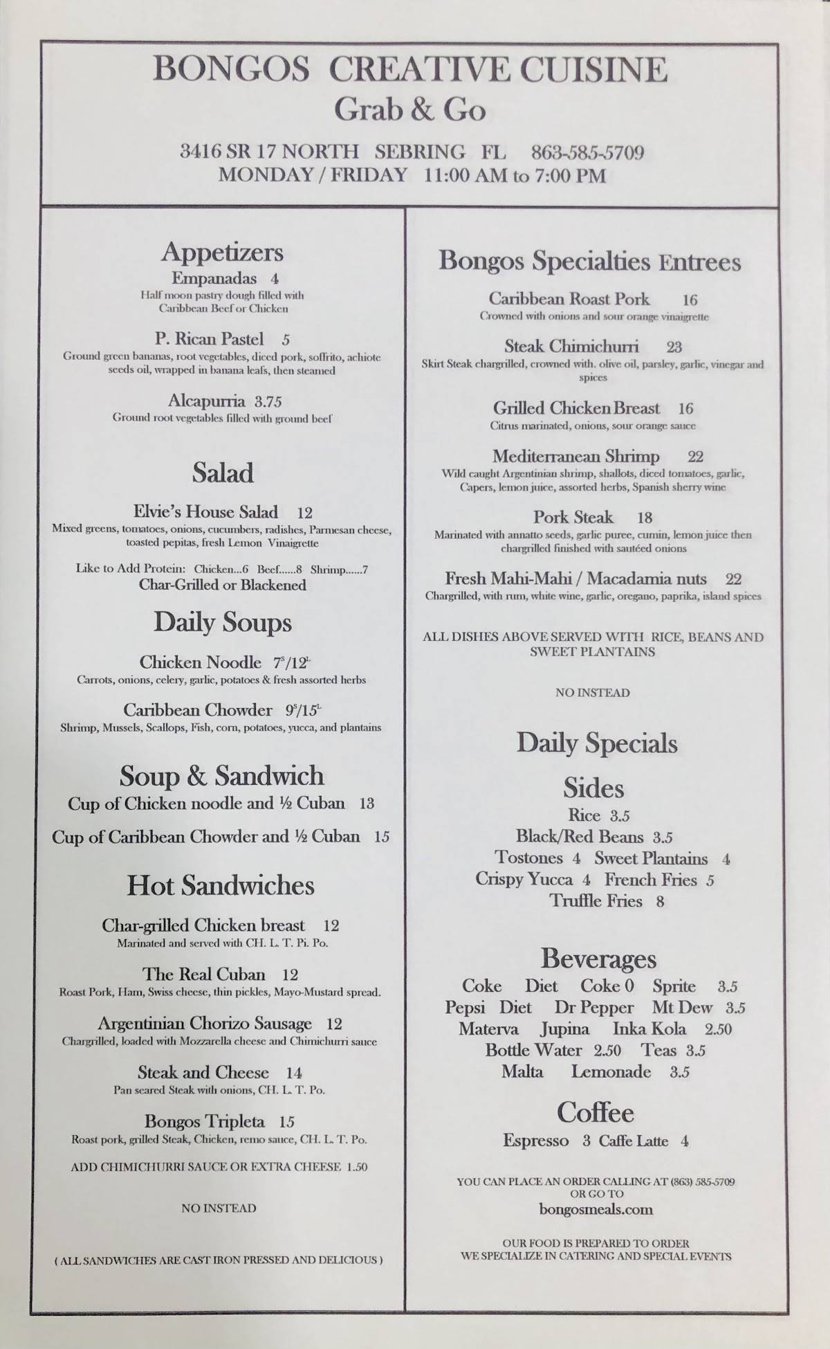 Menu at BONGOS CREATIVE CUISINE restaurant, Sebring