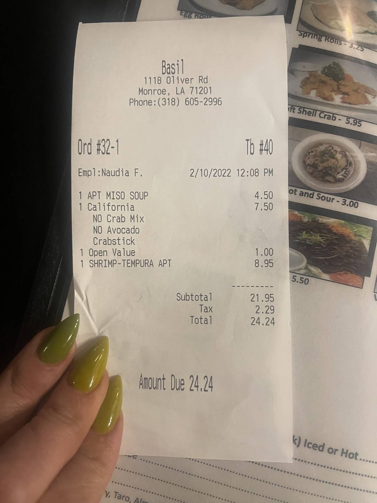 Menu at Basil of Monroe restaurant, Monroe