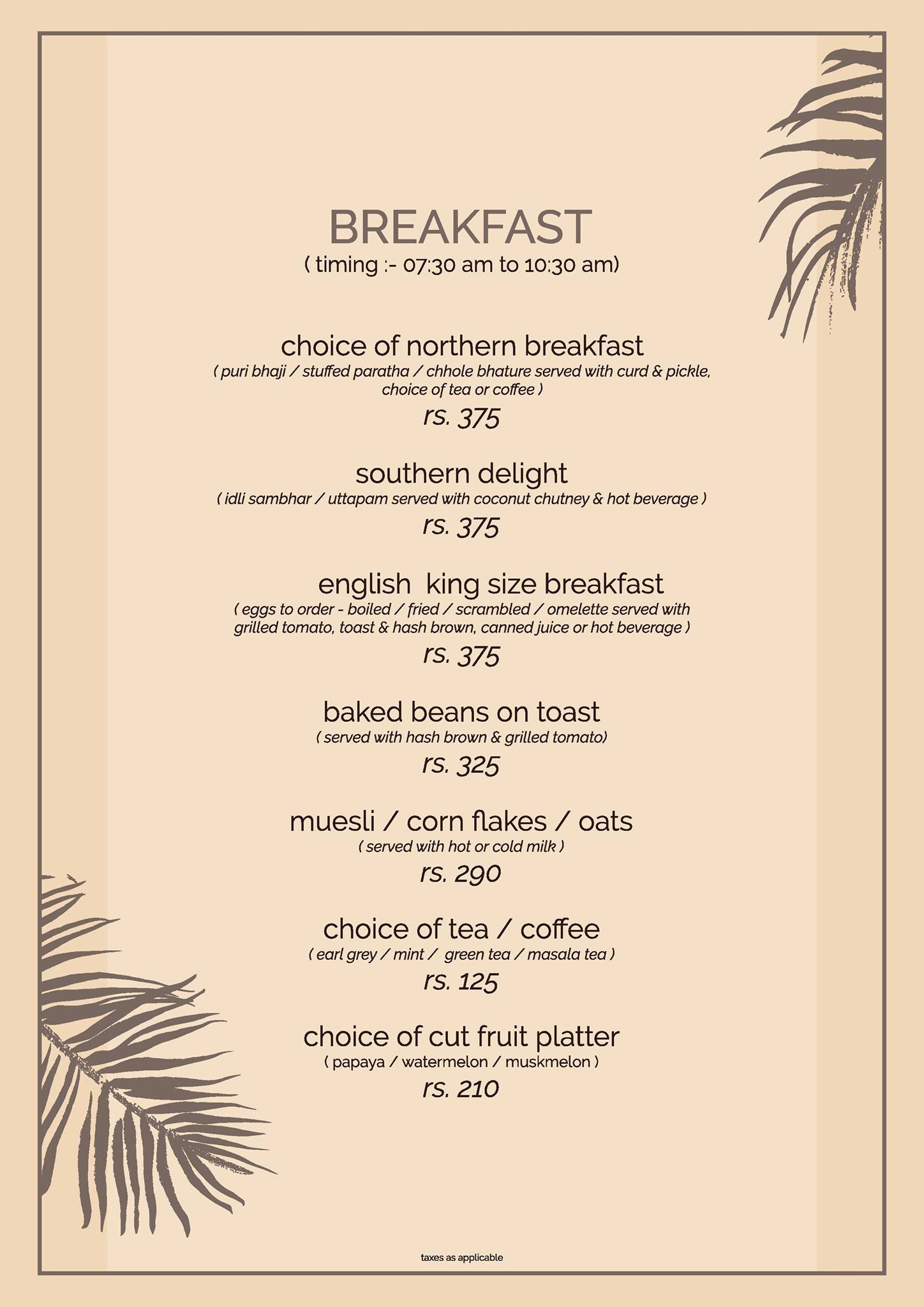 Bayview Cafe menu