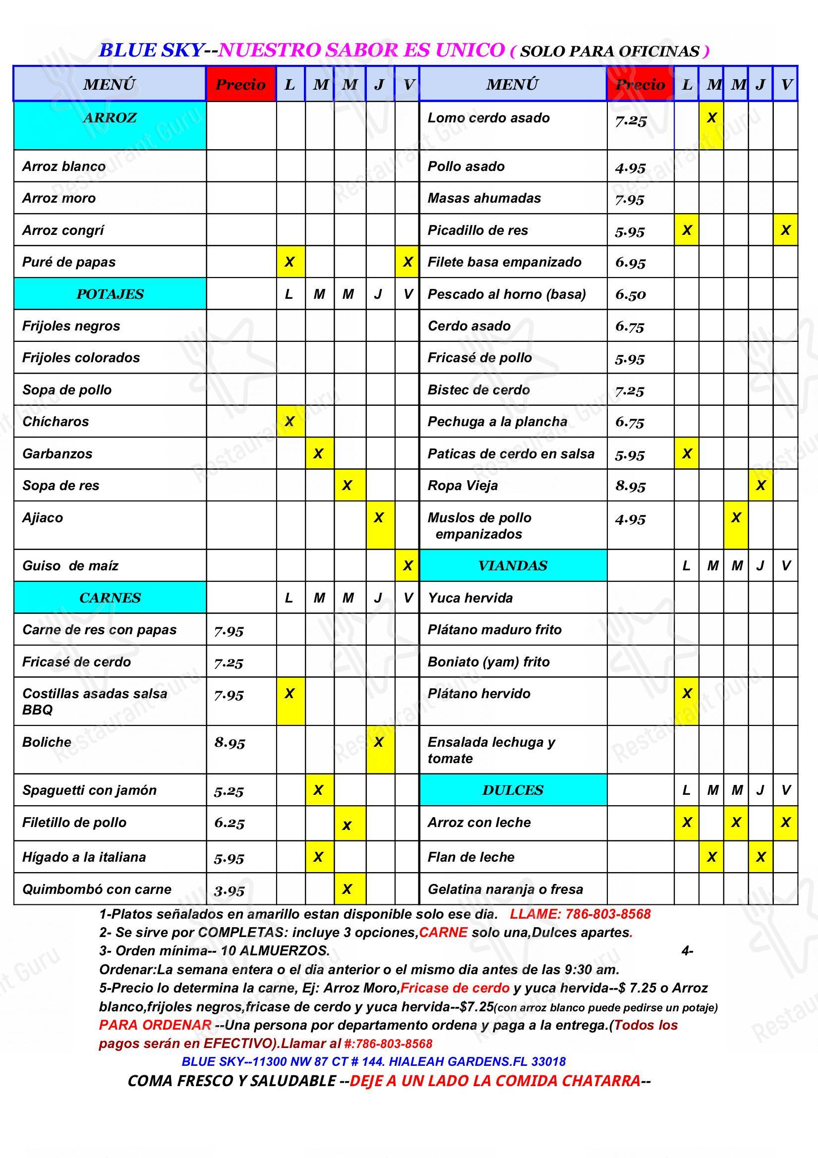 Menu at Blue Sky Food by the Pound restaurant, Hialeah, NW 87th Ct 144