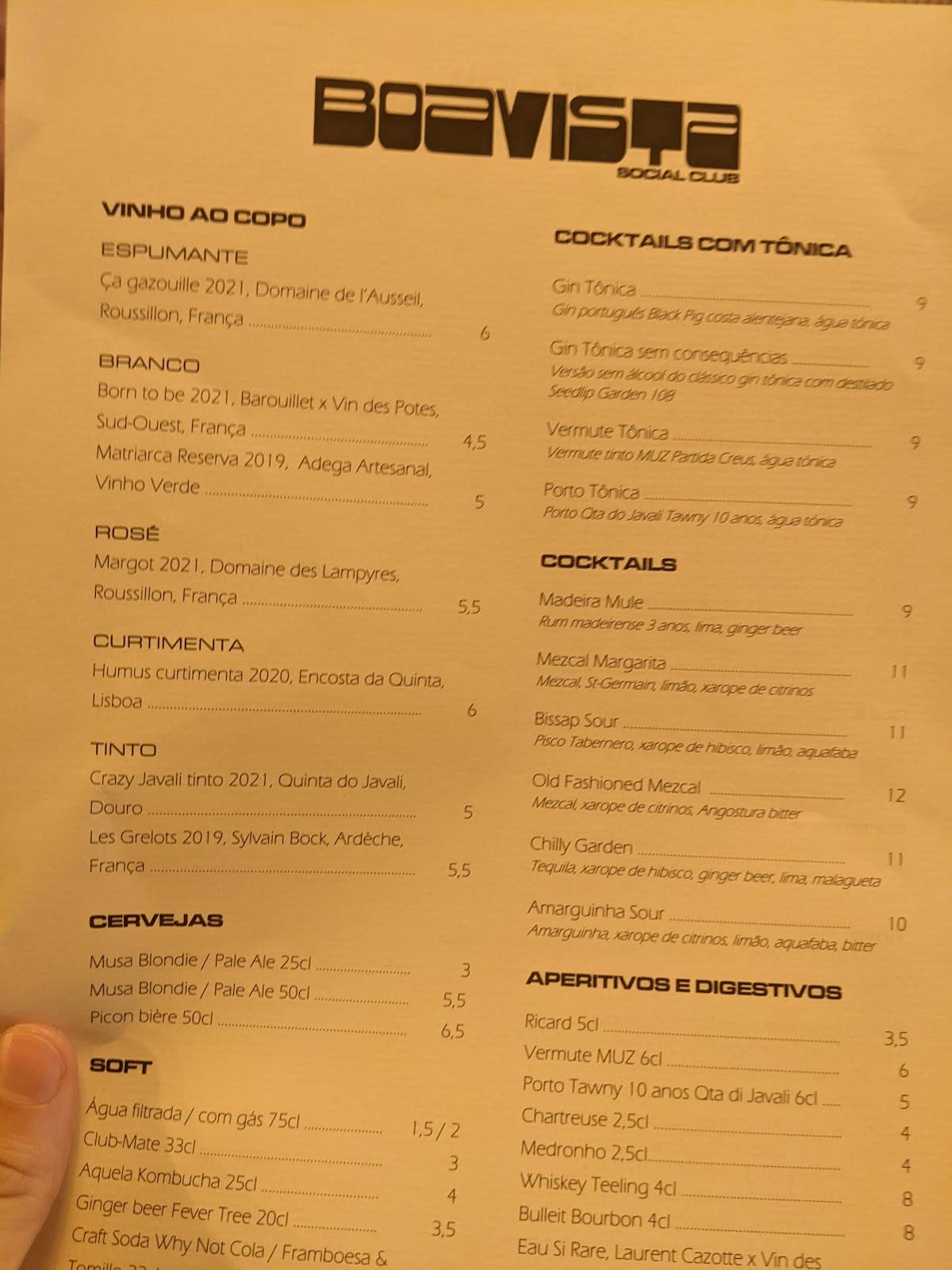 Menu at Boavista Social Club, Lisbon