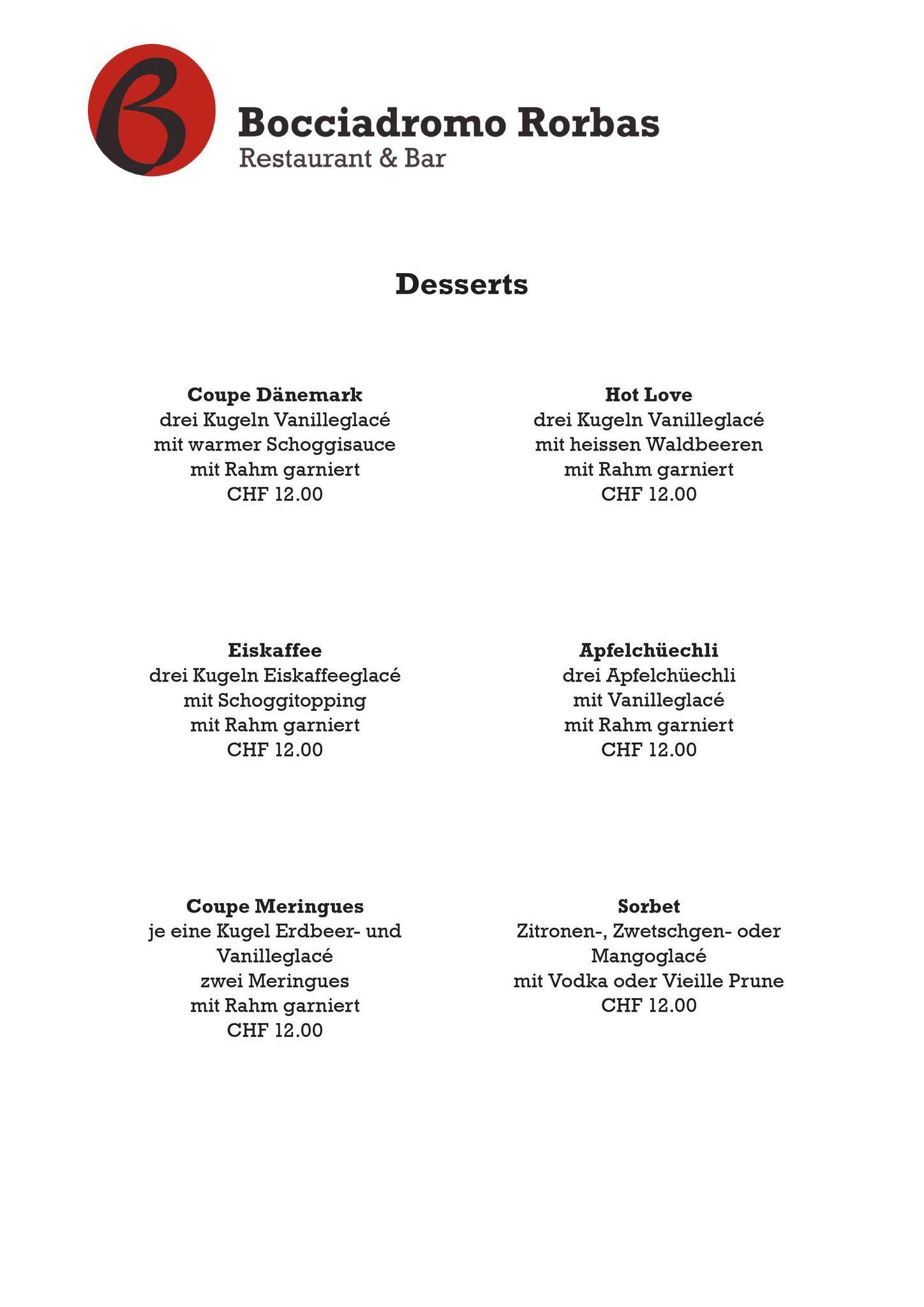 Menu de Restaurant Bocciadromo