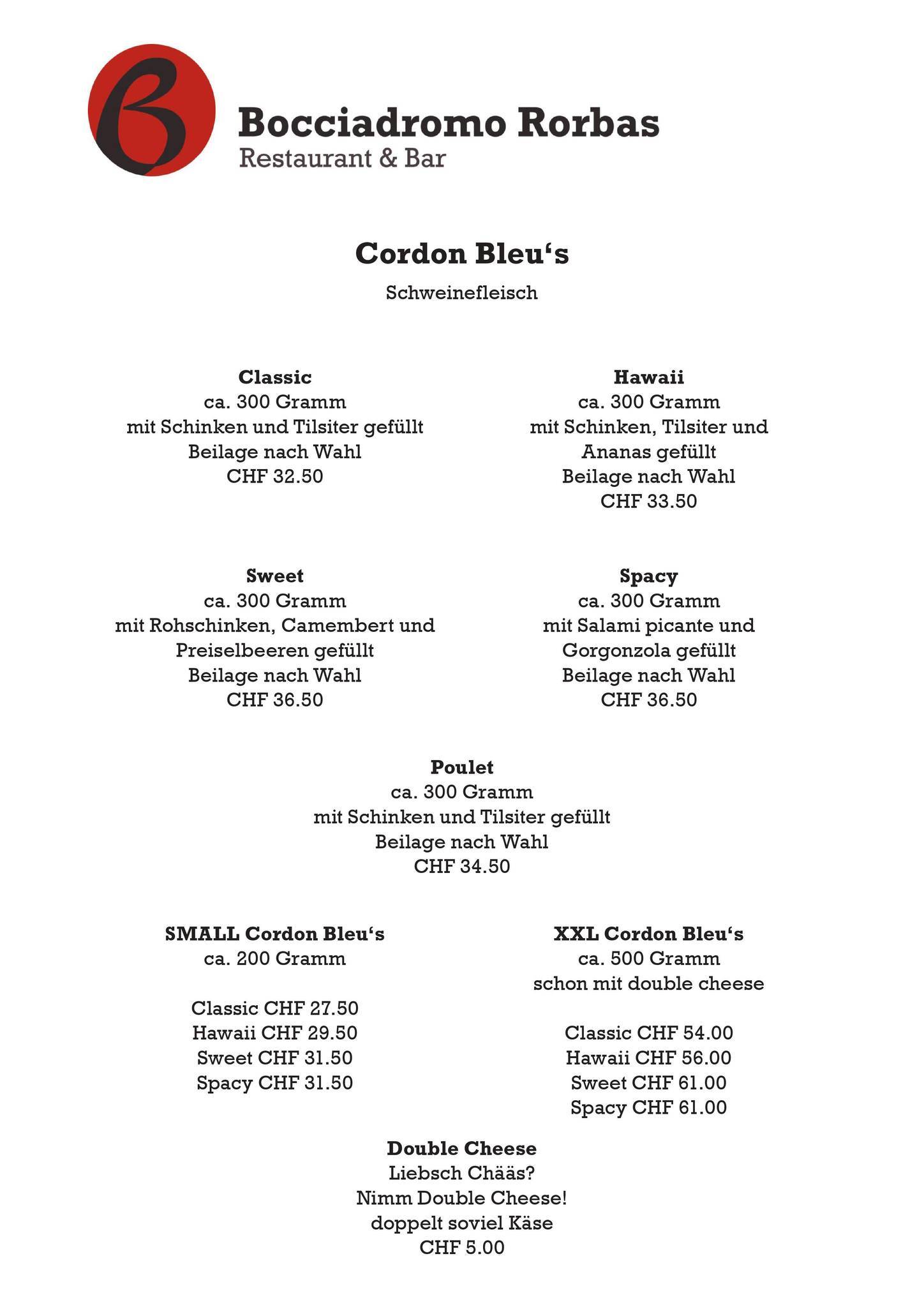 Menu de Restaurant Bocciadromo