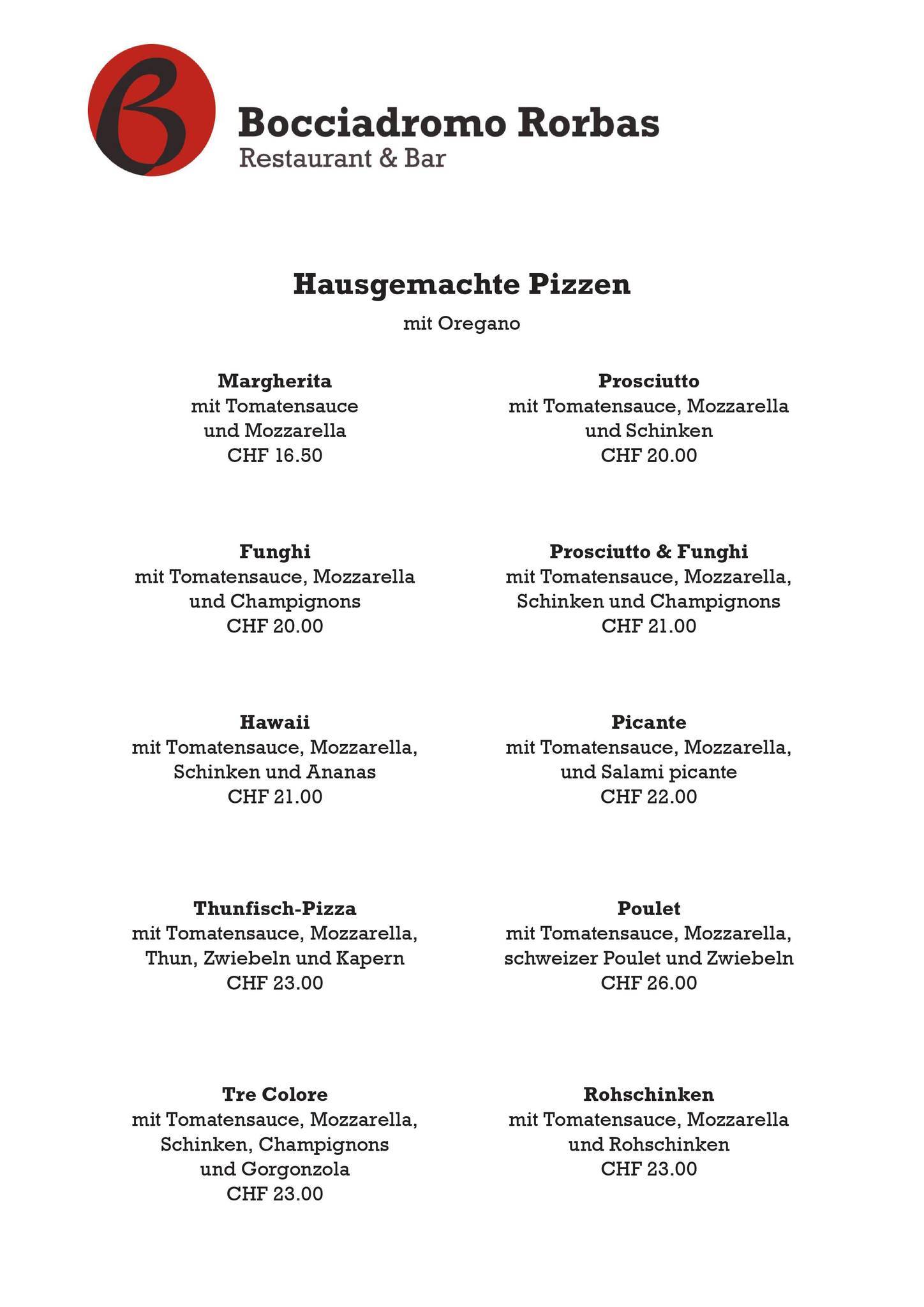 Menu de Restaurant Bocciadromo