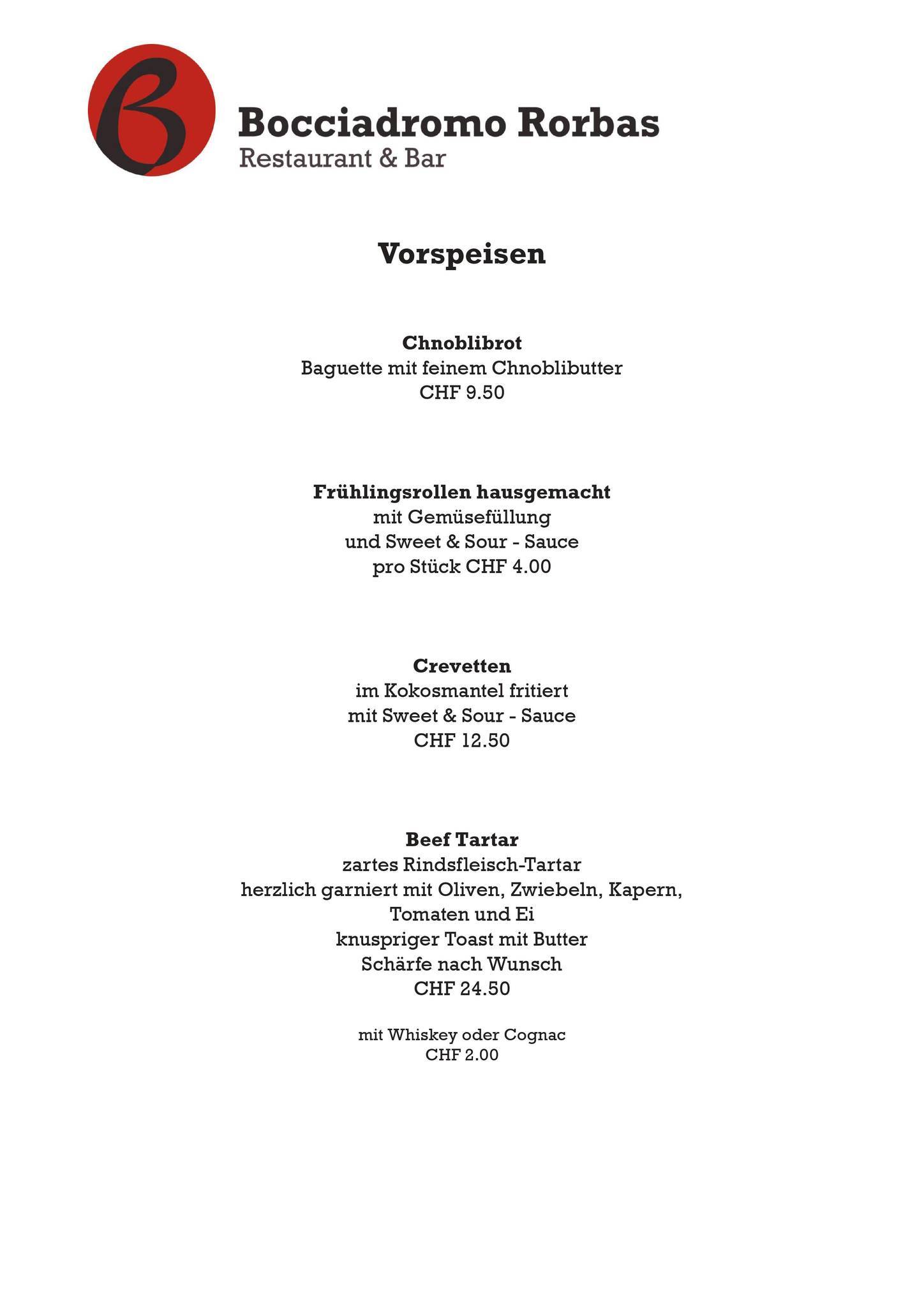 Menu de Restaurant Bocciadromo