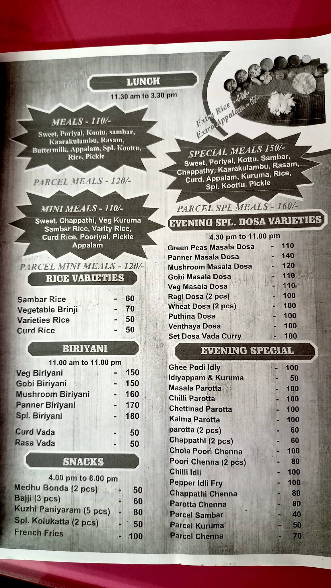 Brindha Bhavan Pure Vegetarian Restaurant menu
