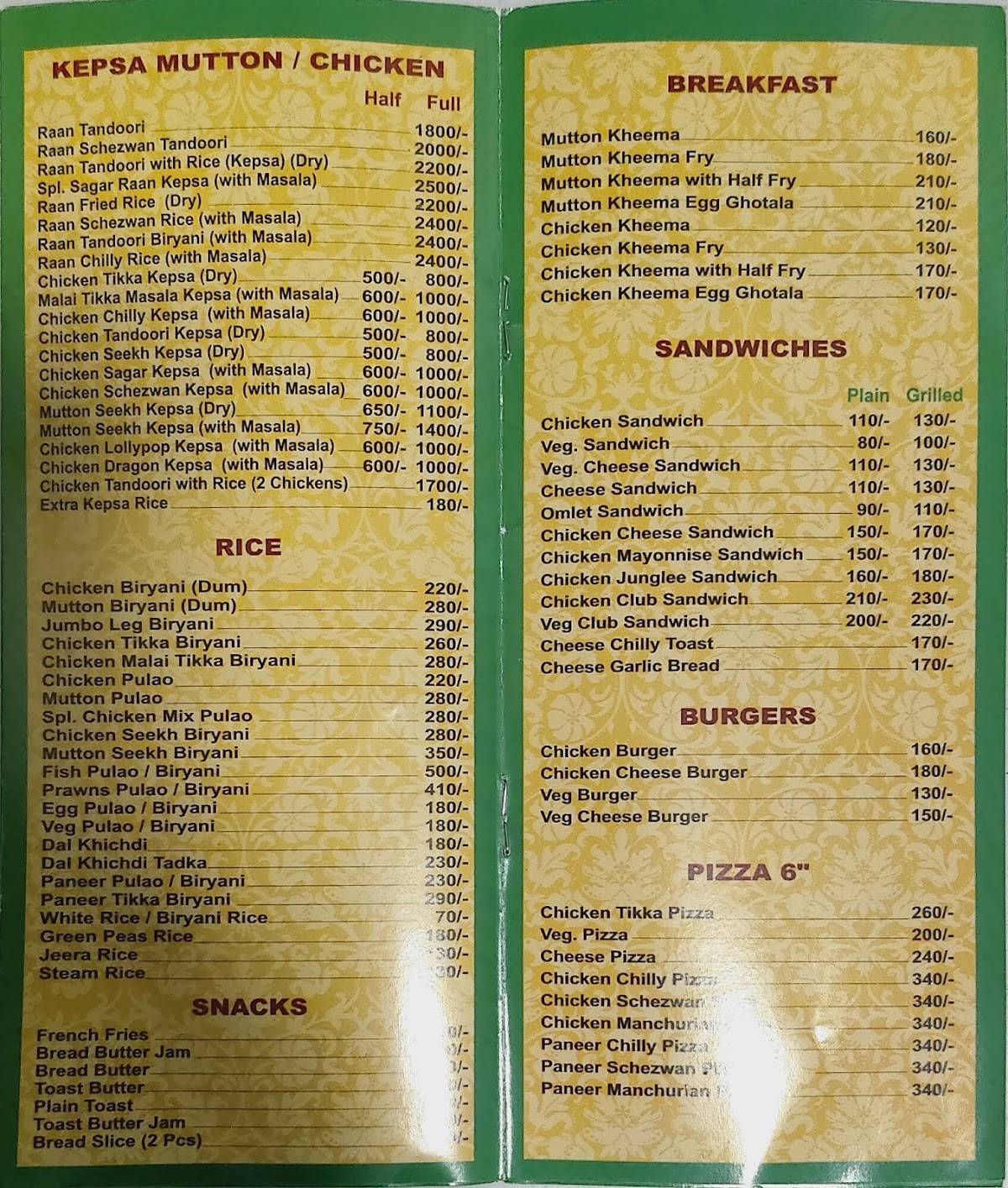 Cafe Sagar menu