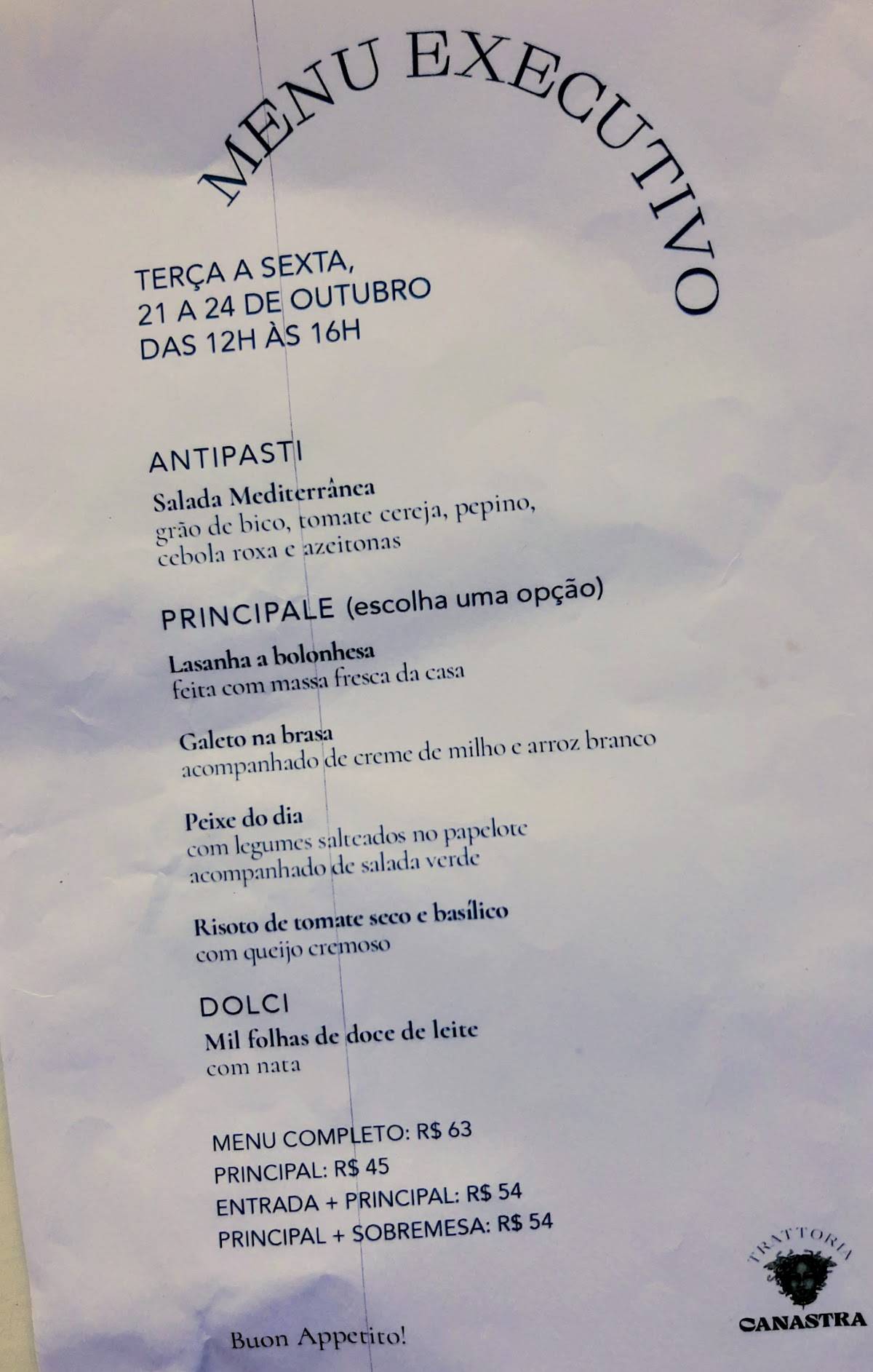 Canastra Trattoria cardápio