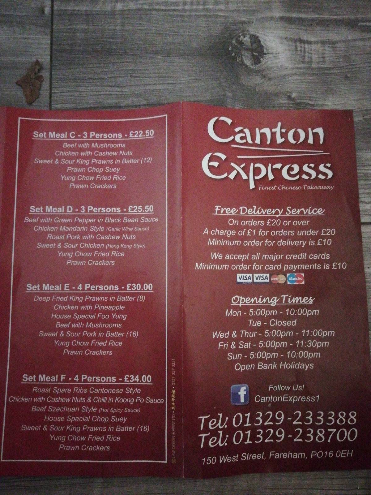 Menu at Canton Express restaurant, Fareham