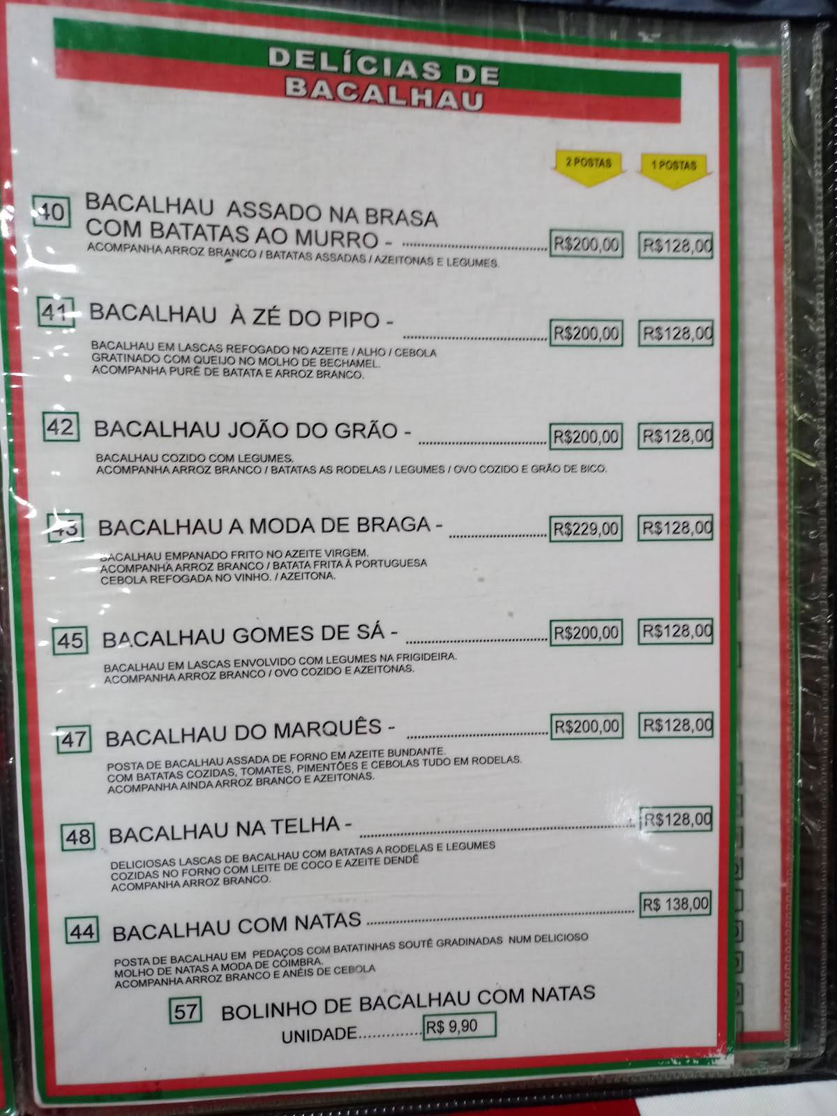 Casa do Bacalhau cardápio