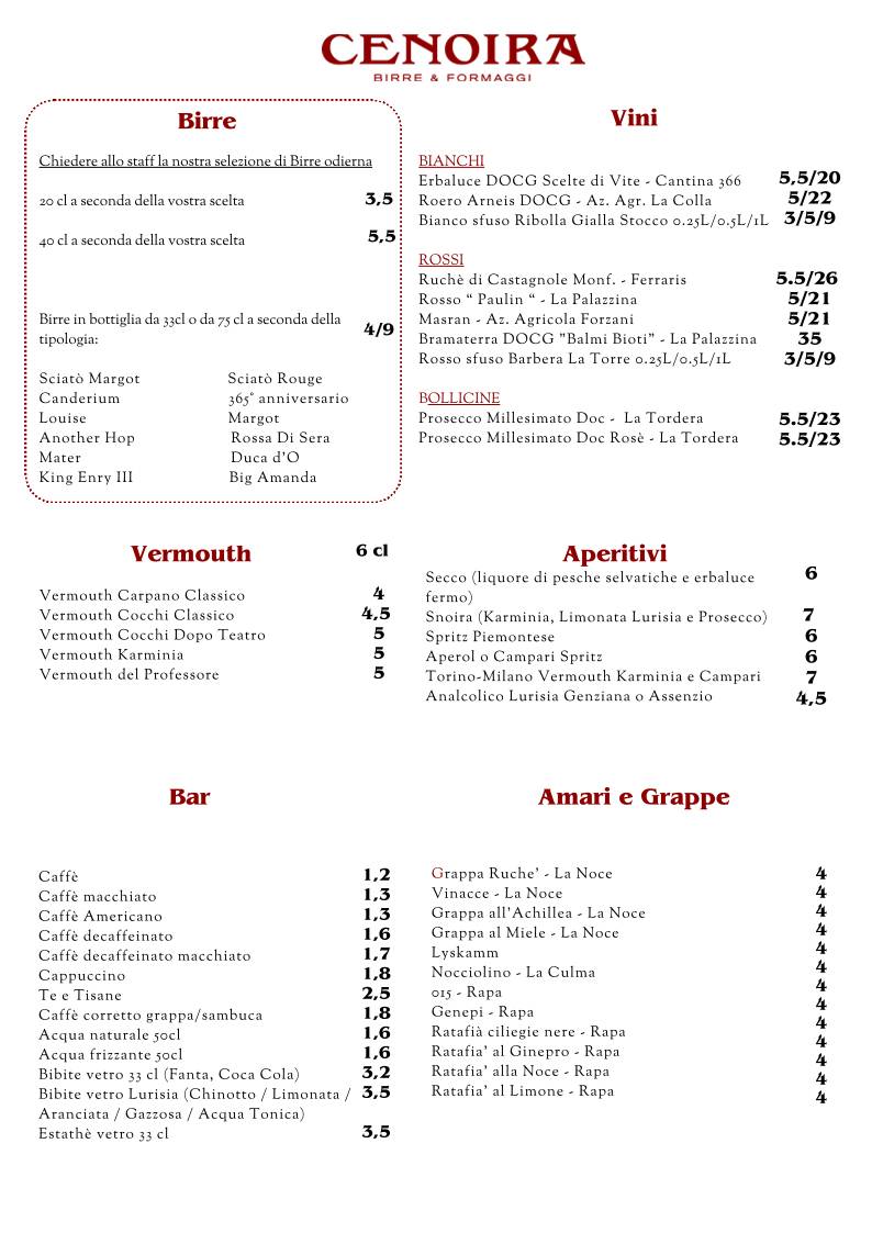 Menu di Cenoira 