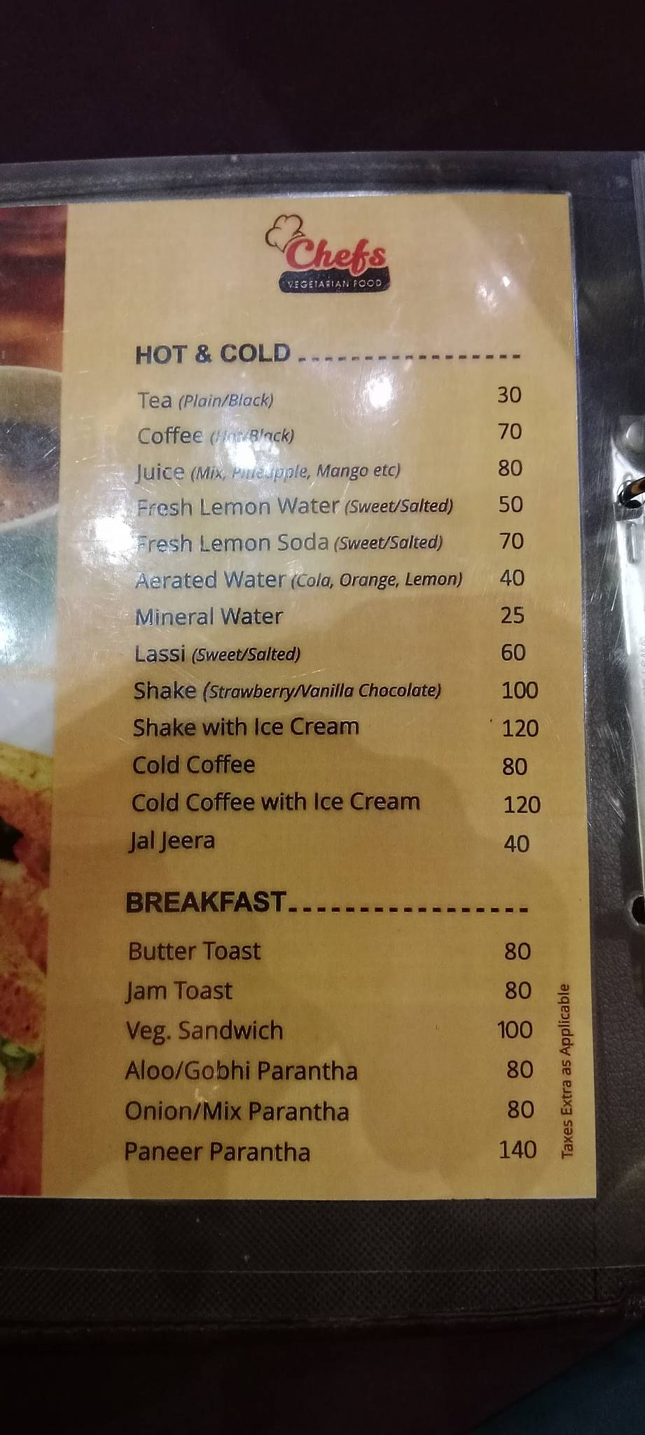 Chefs Restaurant menu