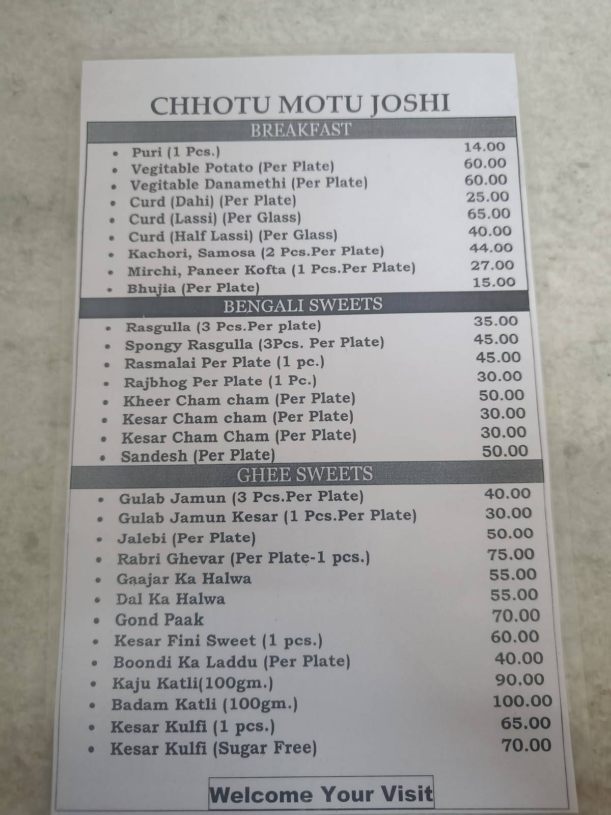 Chhotu Motu Joshi menu