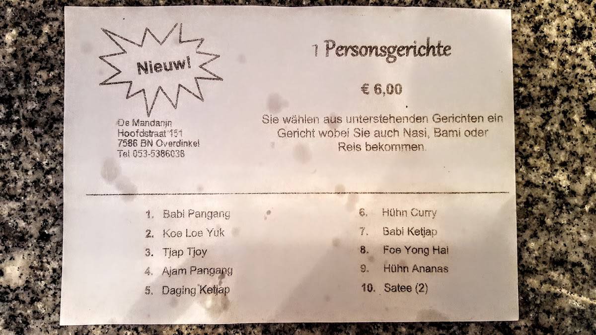 Speisekarte von Chin. Ind Restaurant "De Mandarijn", Overdinkel