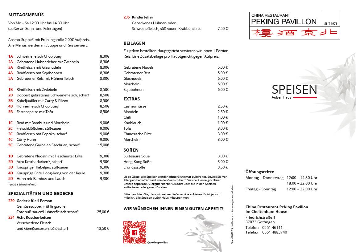 Speisekarte von China Restaurant Peking Pavillon, Göttingen