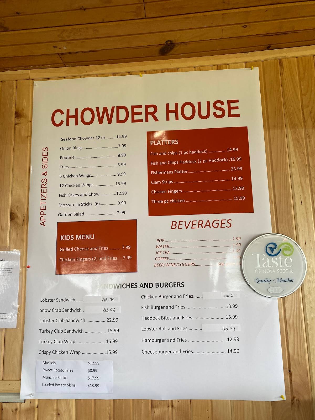 Menu at Chowder House restaurant, Neils Harbour, 90 Lighthouse Rd