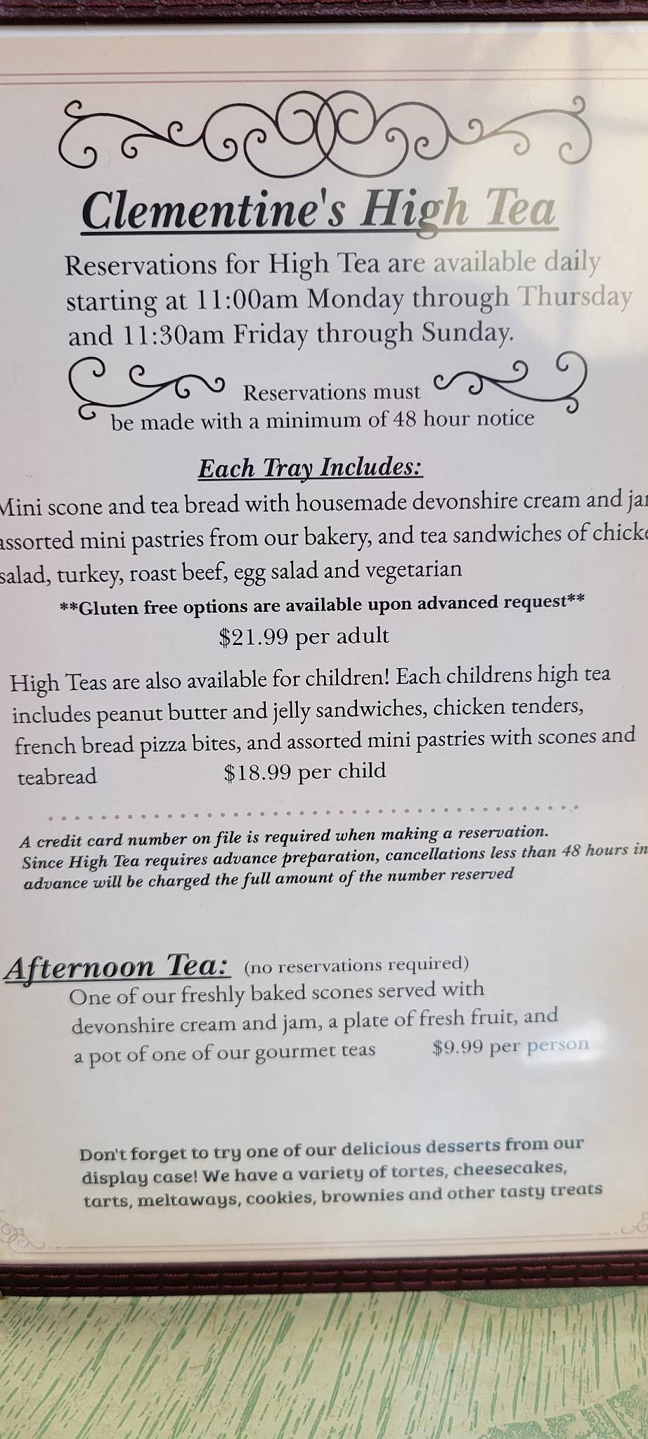 Menu at Clementine's Victorian Restaurant, Olmsted Falls