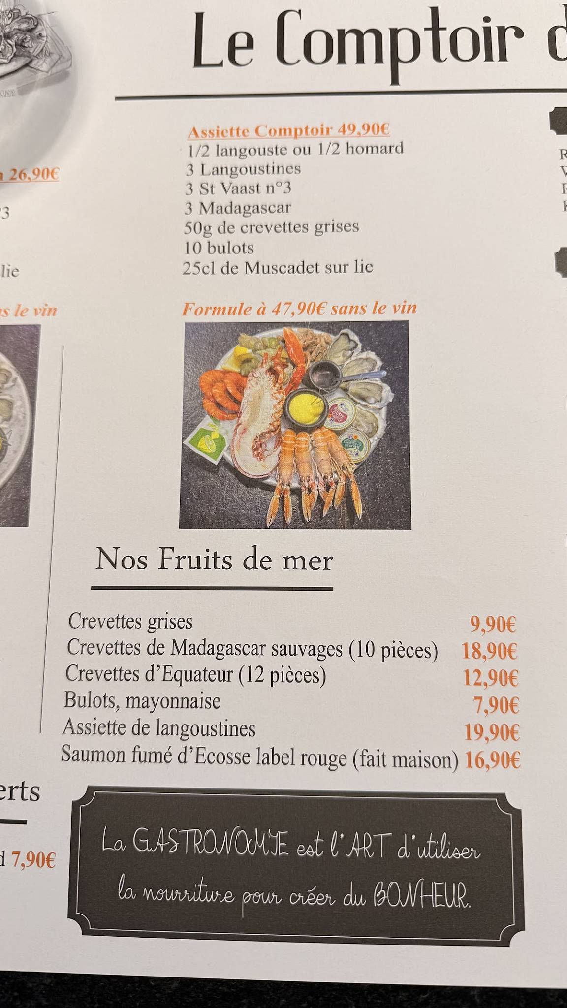Menu de Comptoir des Halles