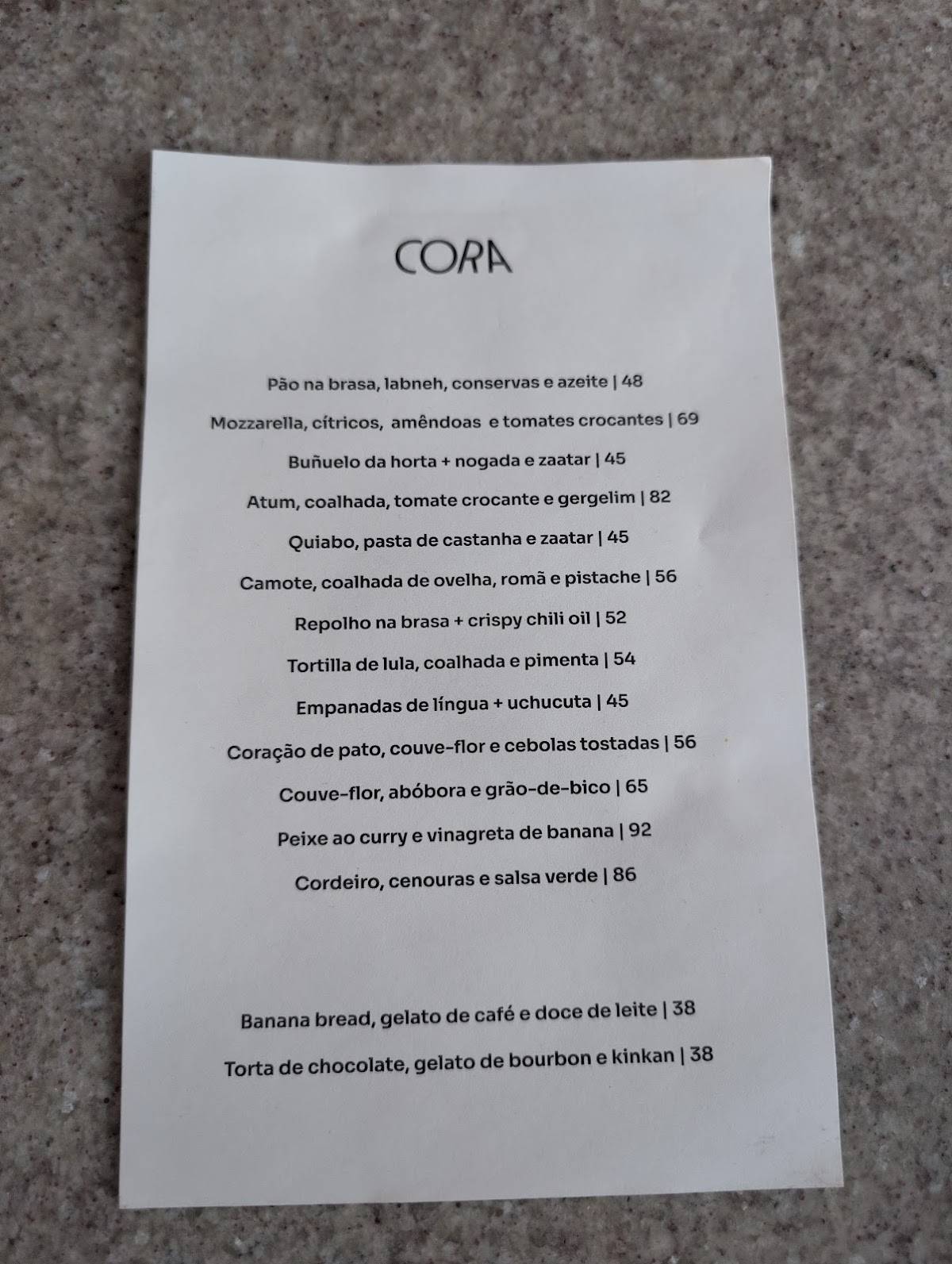 Cora cardápio