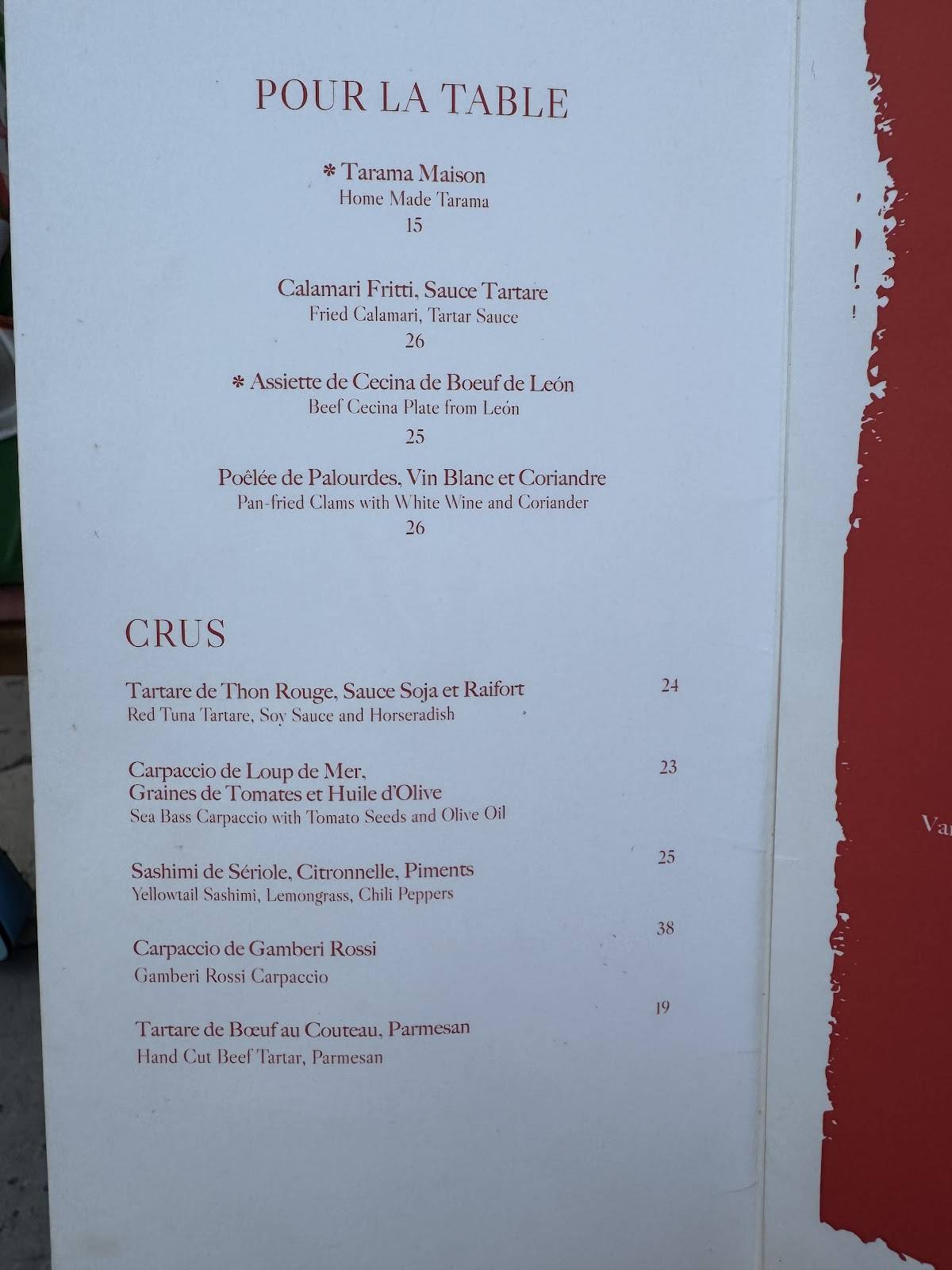 Menu de Corail Restaurant