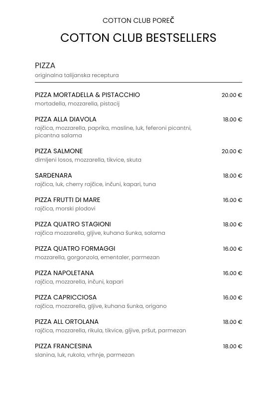 Menu di Cotton Club Porec 