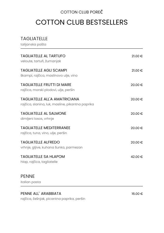 Menu di Cotton Club Porec 