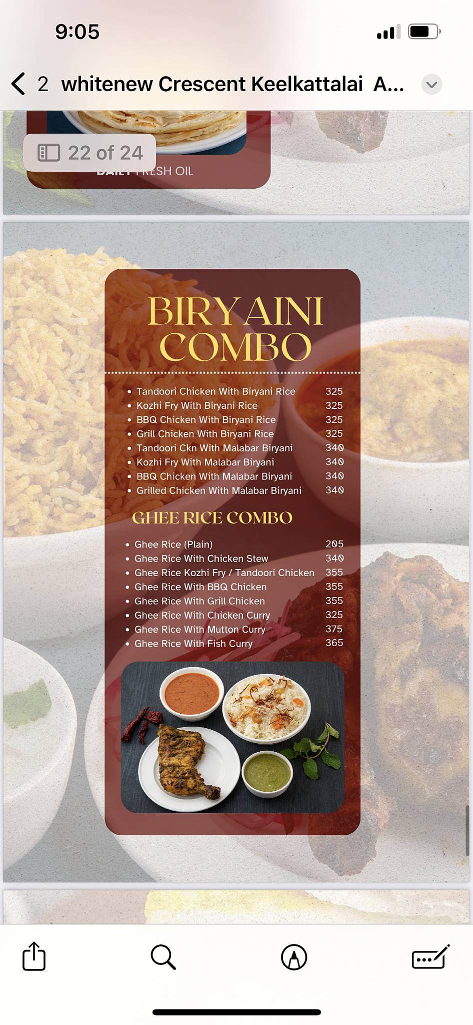 Crescent Restaurant, Keelkattalai menu