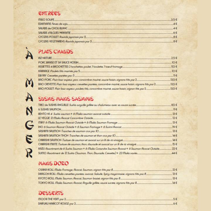 Menu de Dozo