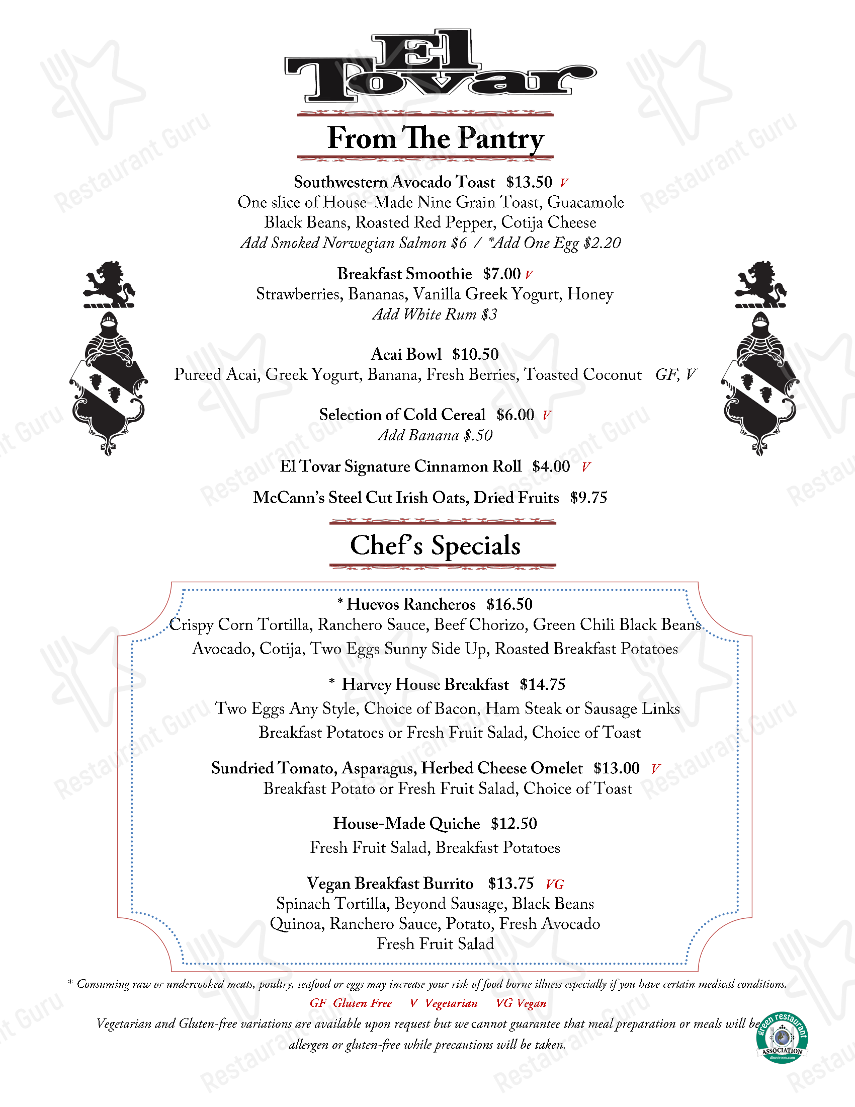 Menu at El Tovar Dining Room pub & bar, Grand Canyon Village, 1 El Tovar Rd