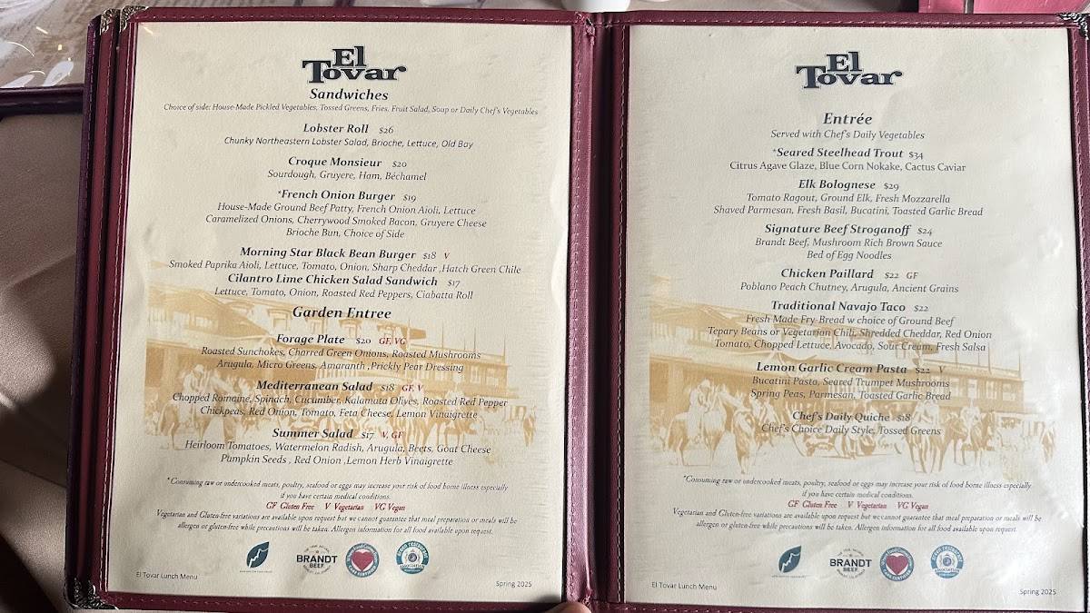 Menu at El Tovar Dining Room restaurant, Grand Canyon Village, 1 El ...