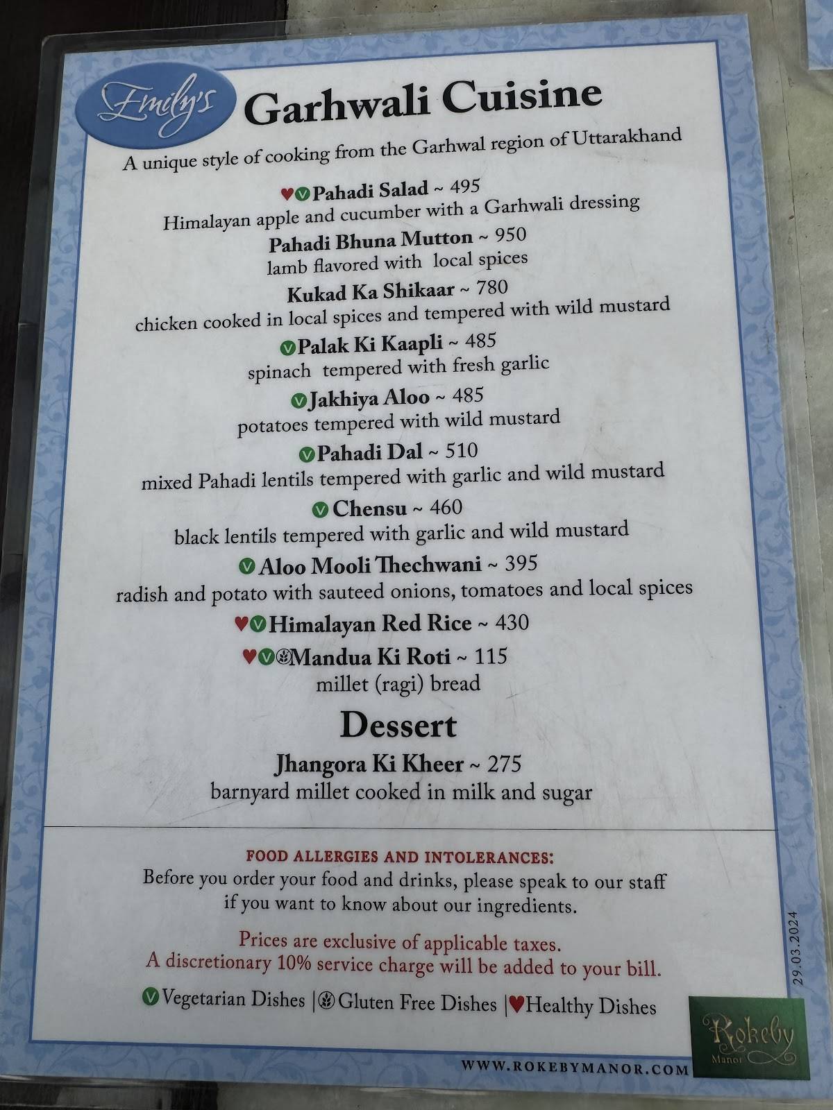 Emily's Mussoorie by Rokeby Manor menu