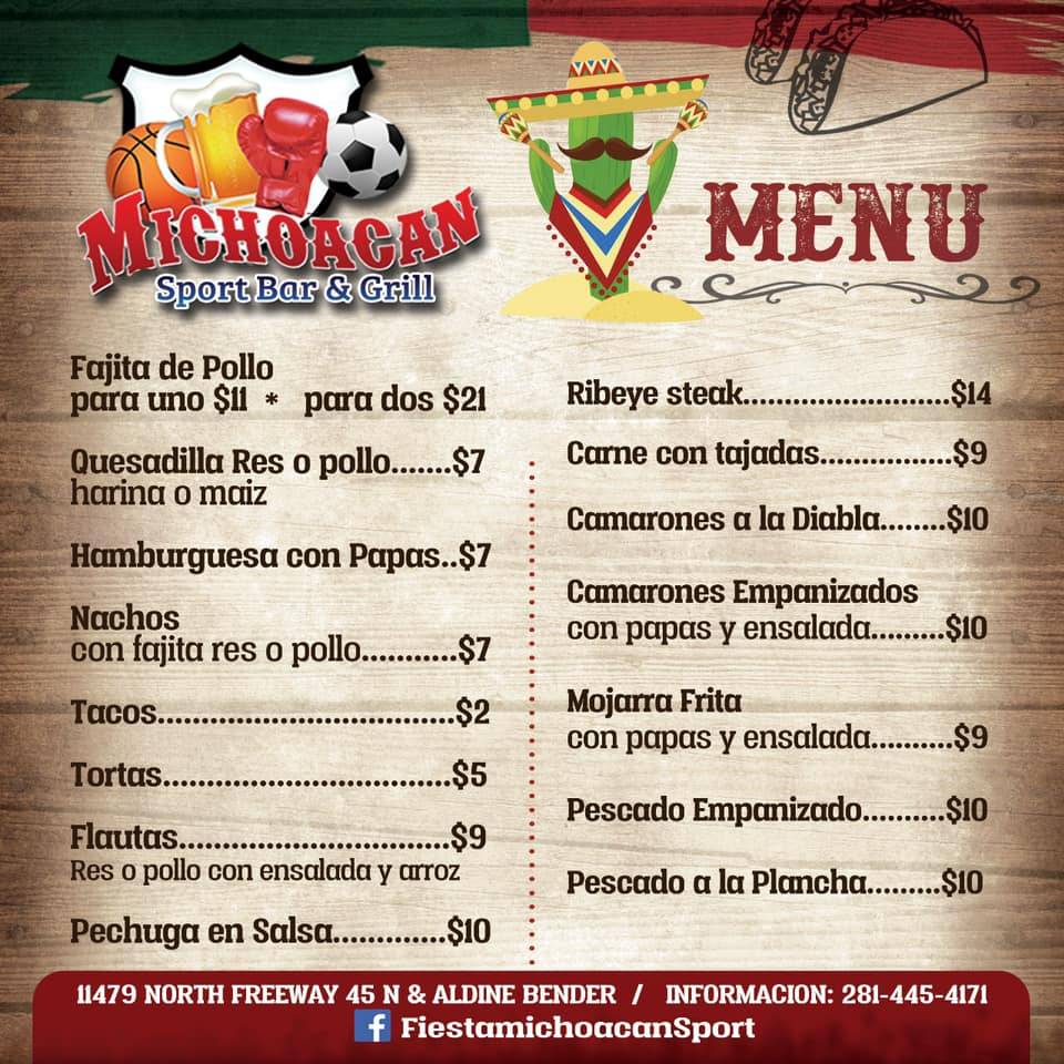 Menu at Fiesta Michoacan Sports Bar & Grill, Houston, North Fwy