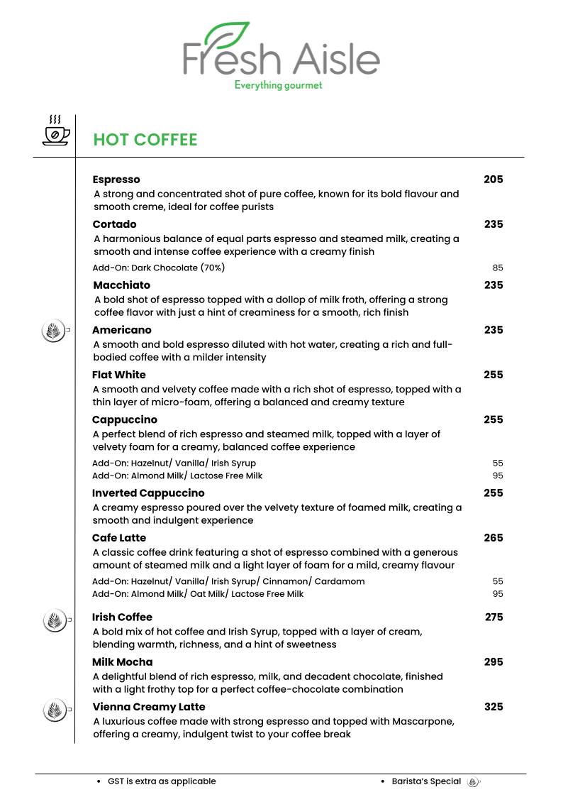 Fresh Aisle Cafe menu
