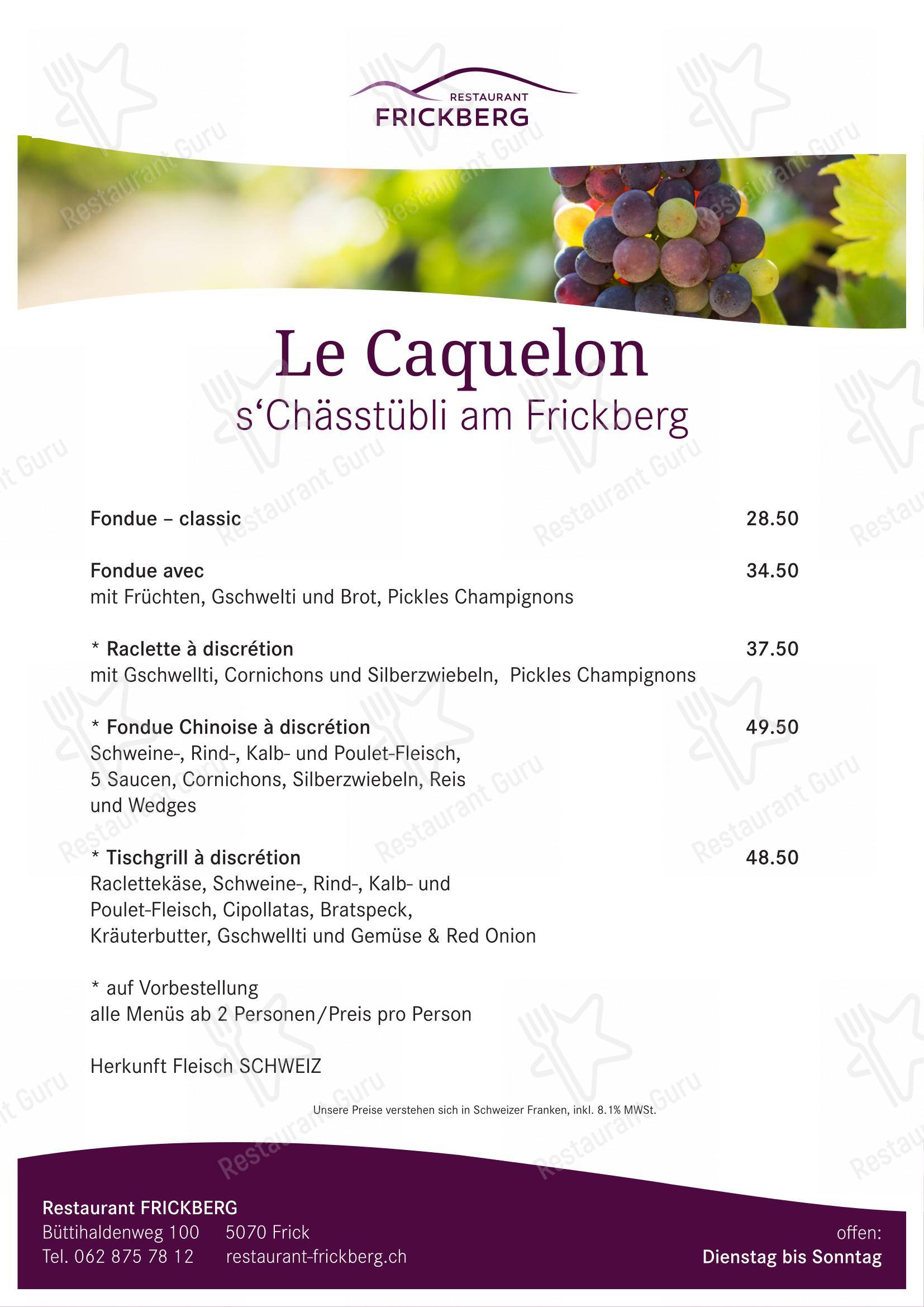 Menu di Restaurant Frickberg - Takeaway Menu