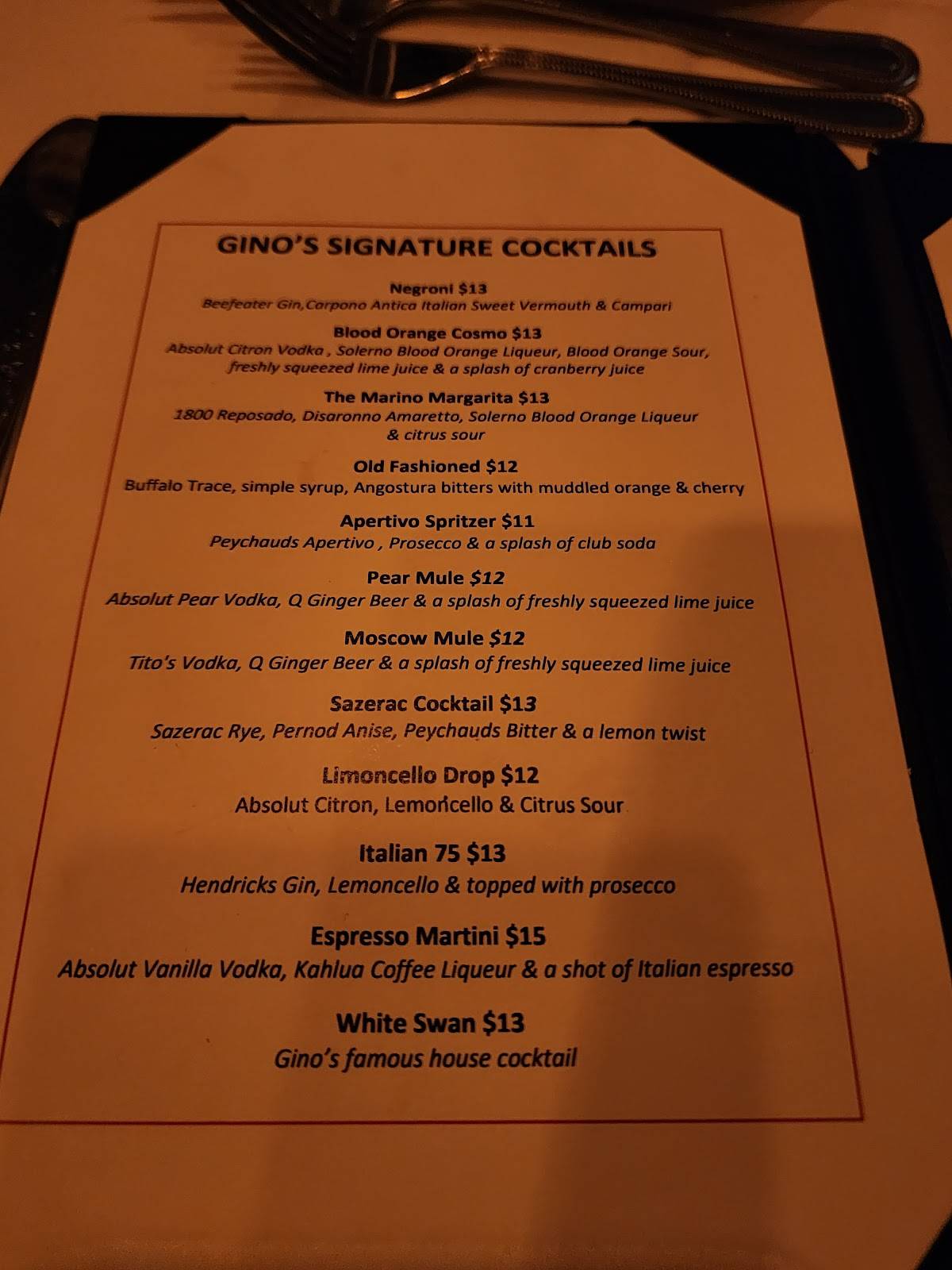 Menu at Gino's Restaurant, Baton Rouge