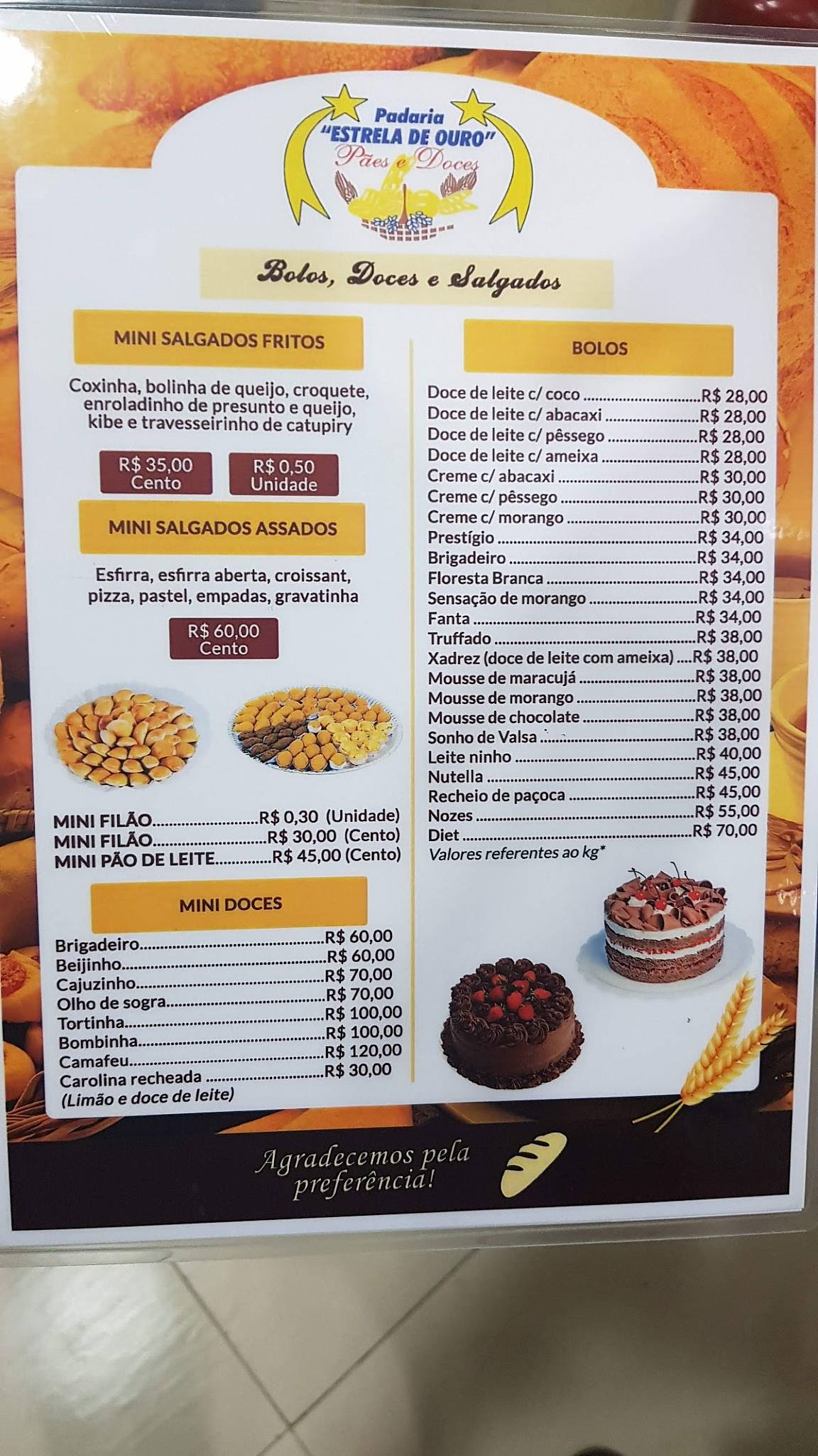 Padaria Estrela de Ouro cardápio