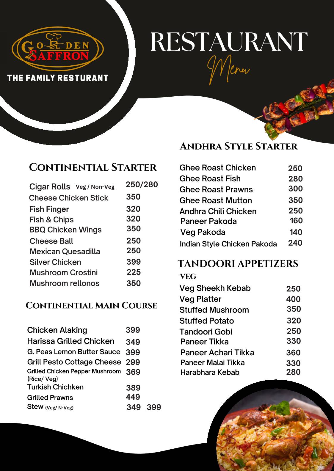 Golden Saffron Restaurant menu