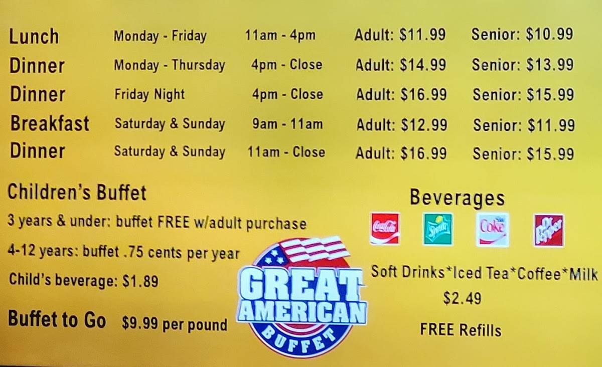 Menu at Great American Buffet restaurant, Manassas