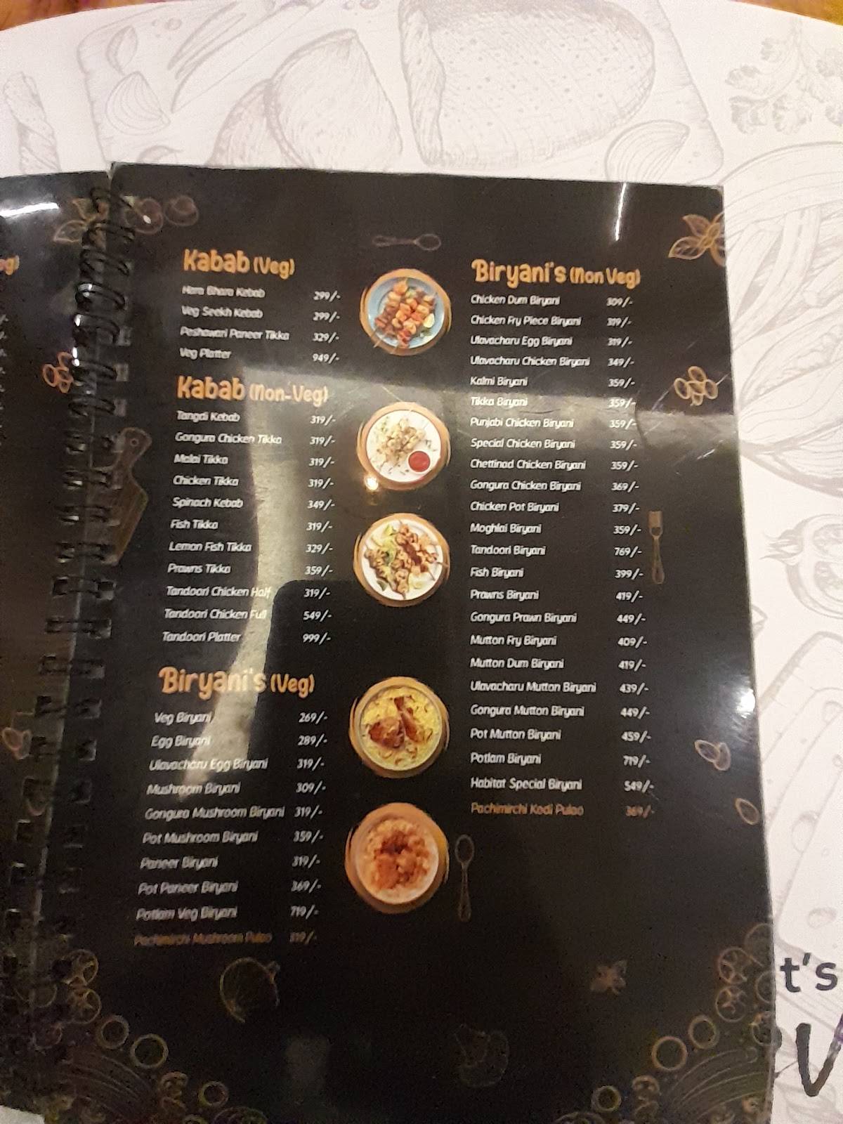 Menu at Habitat, Rajahmundry