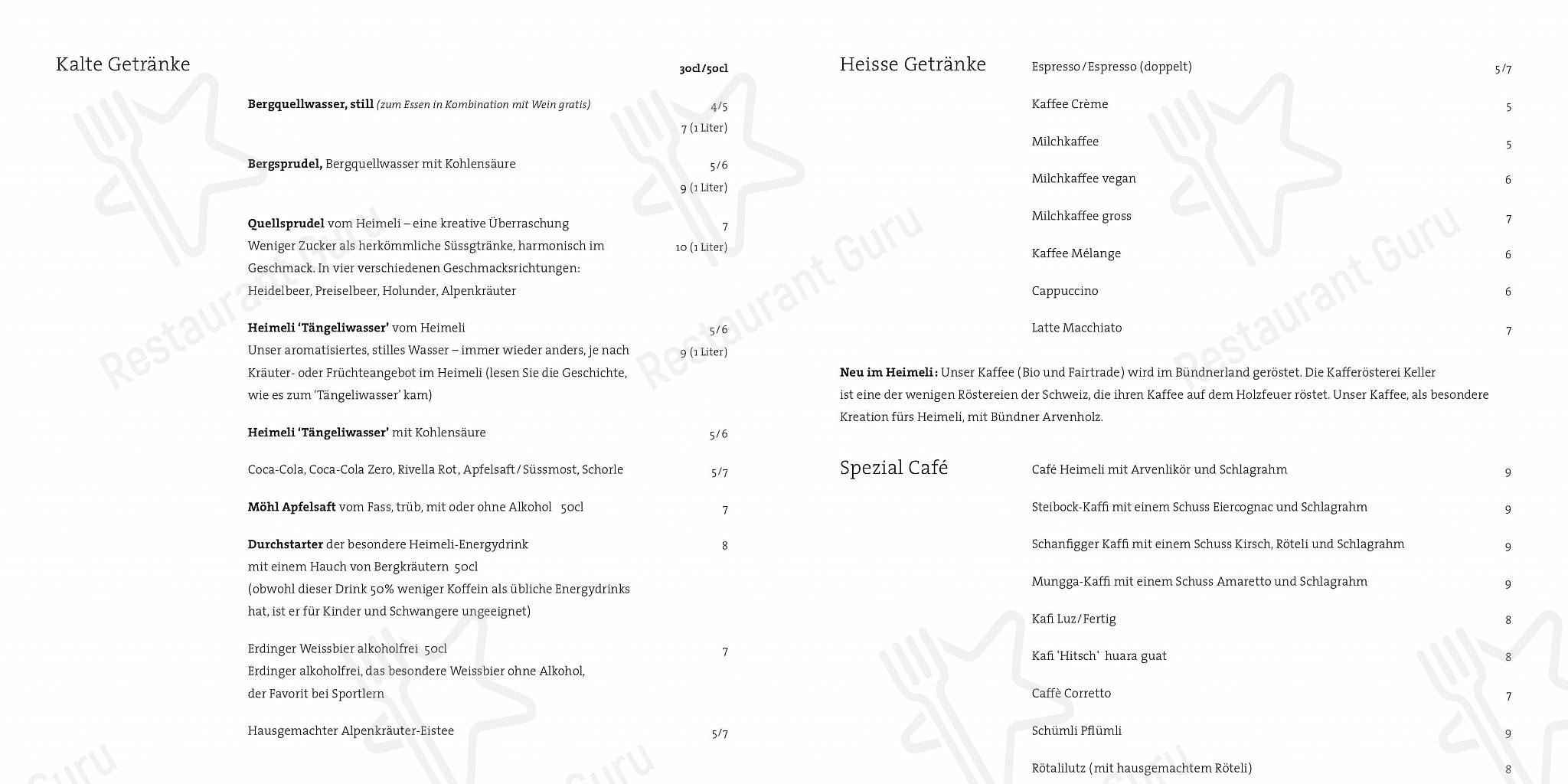 菜单 per Berggasthaus Heimeli ristorante