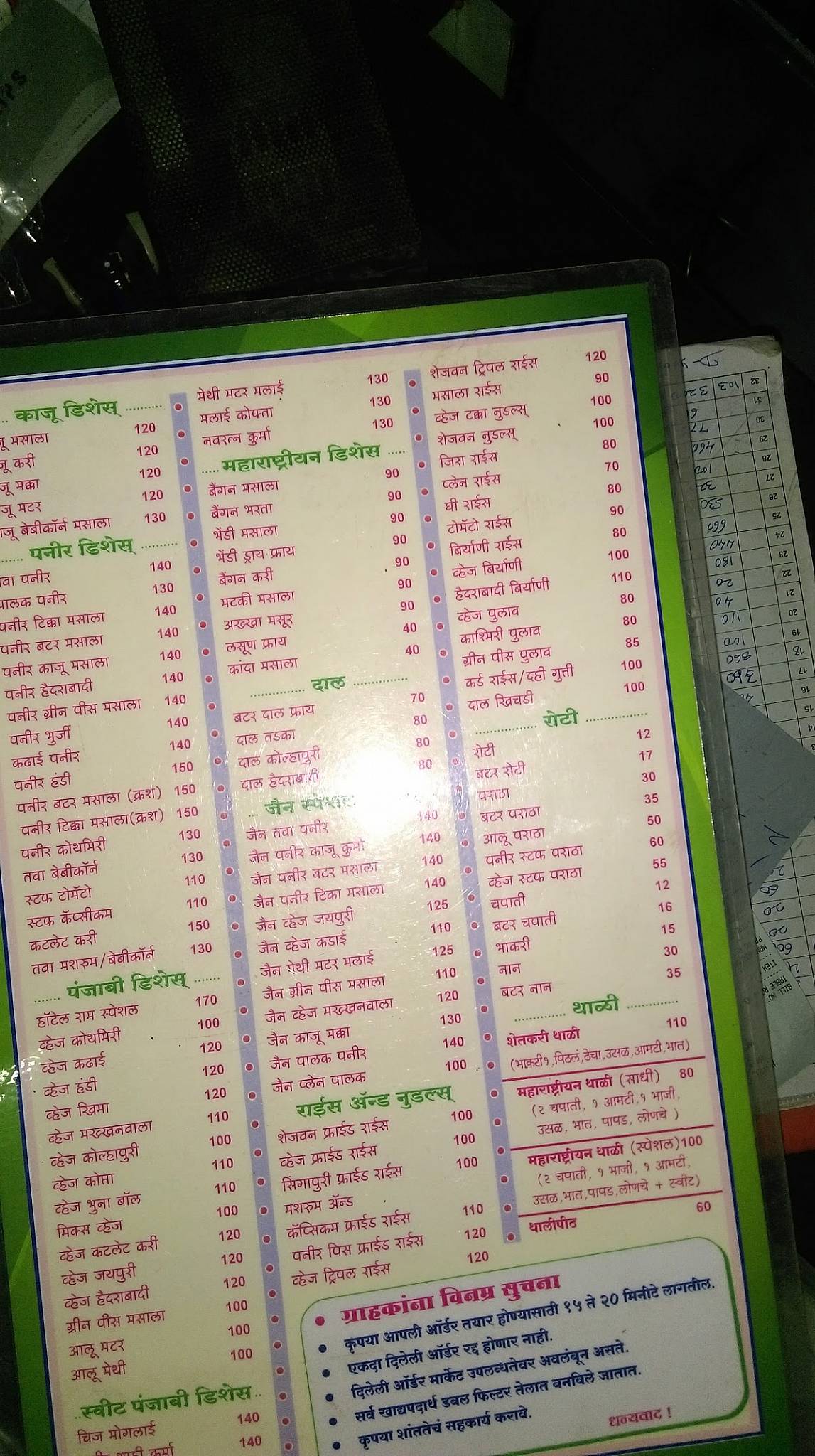 Hotel Namaste Family Restaurant menu