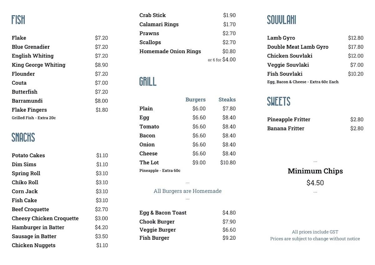 Menu at Hull Road Fish & Chips restaurant, Mooroolbark