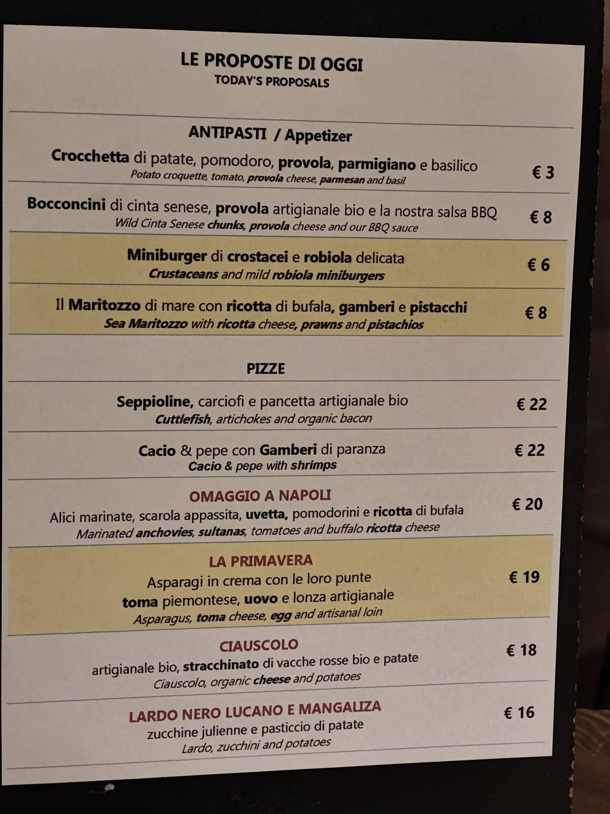 Menu di In Fucina - Edoardo Papa 
