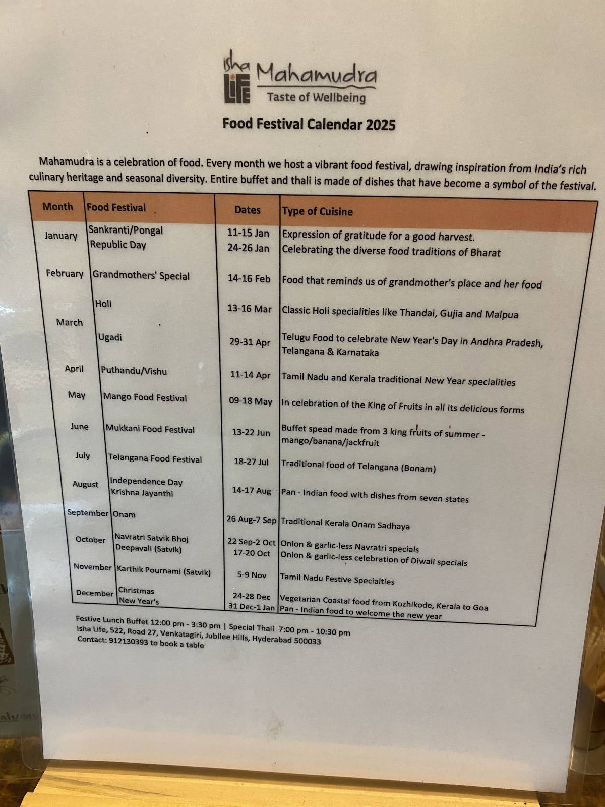 Isha Life Mahamudra Veg Restaurant Yoga menu