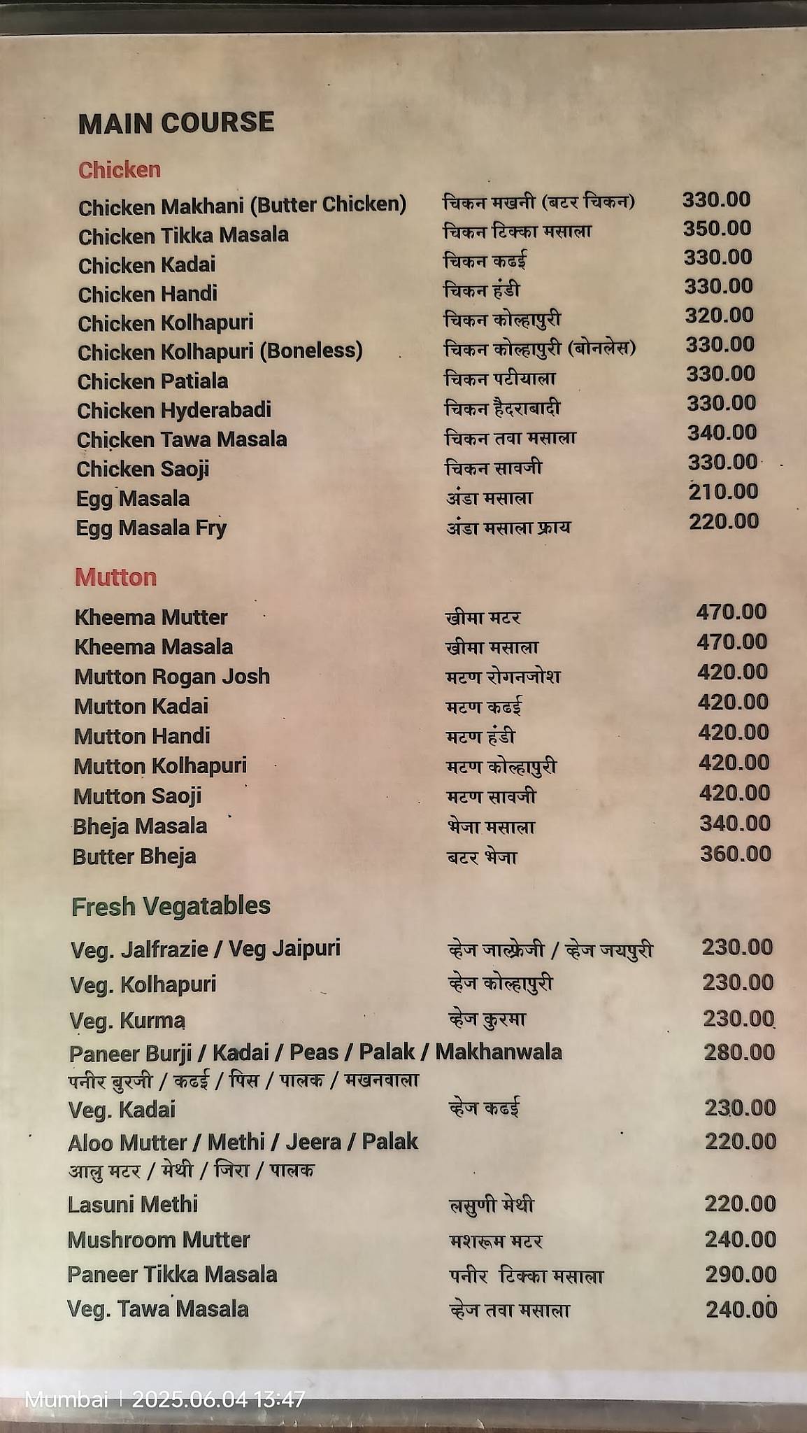 Jai Hind Lunch Home, Sayani Road, Prabhadevi menu
