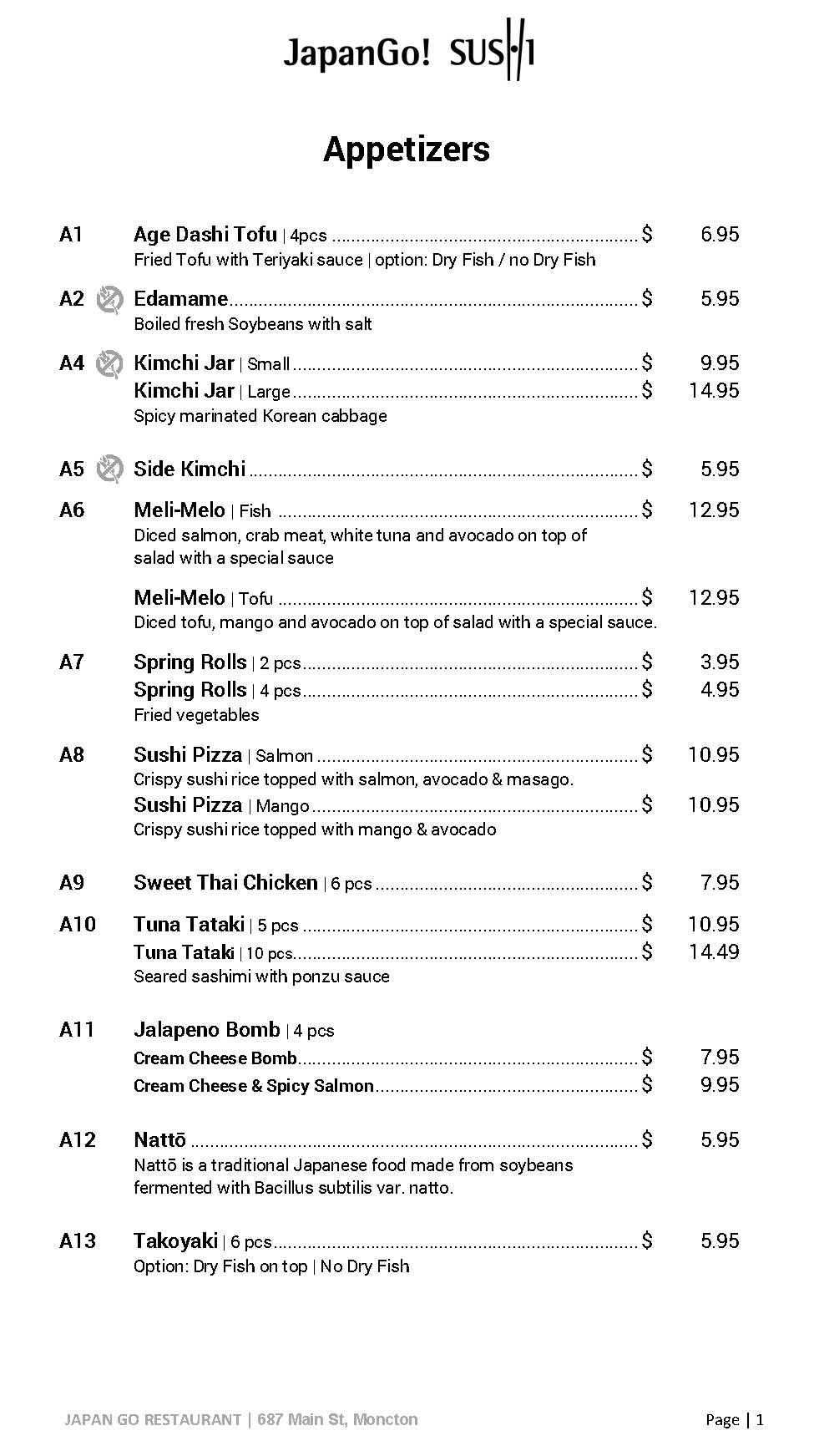 Menu de Japan Go Sushi