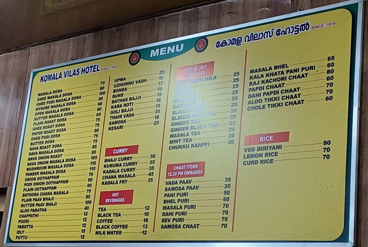Komala Vilas Hotel pure vegetarian menu