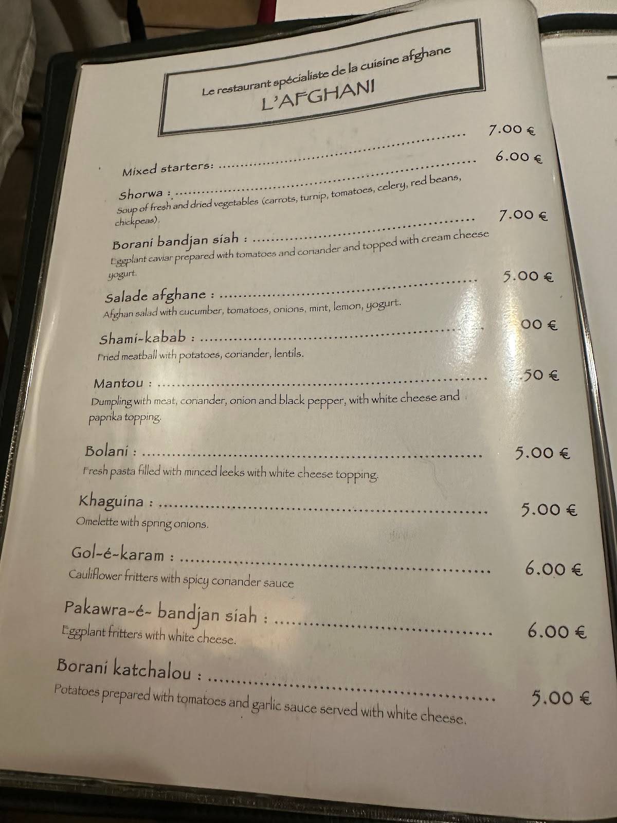 Menu de L'Afghani
