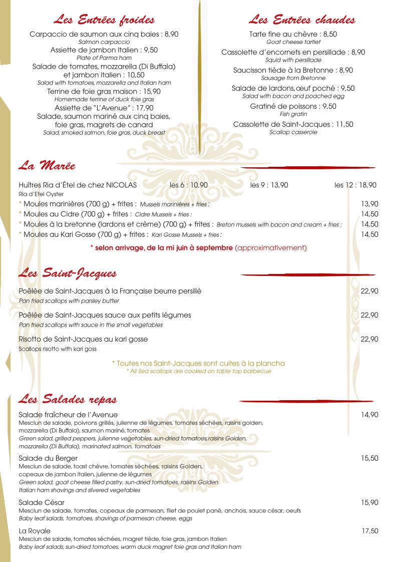 Menu de Restaurant L'Avenue
